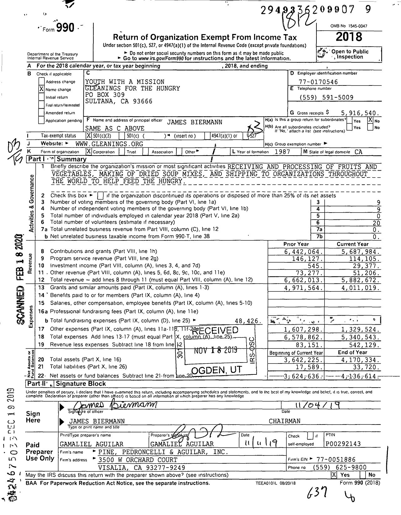 Image of first page of 2018 Form 990 for Youth with A Mission Gleanings for the Hungry