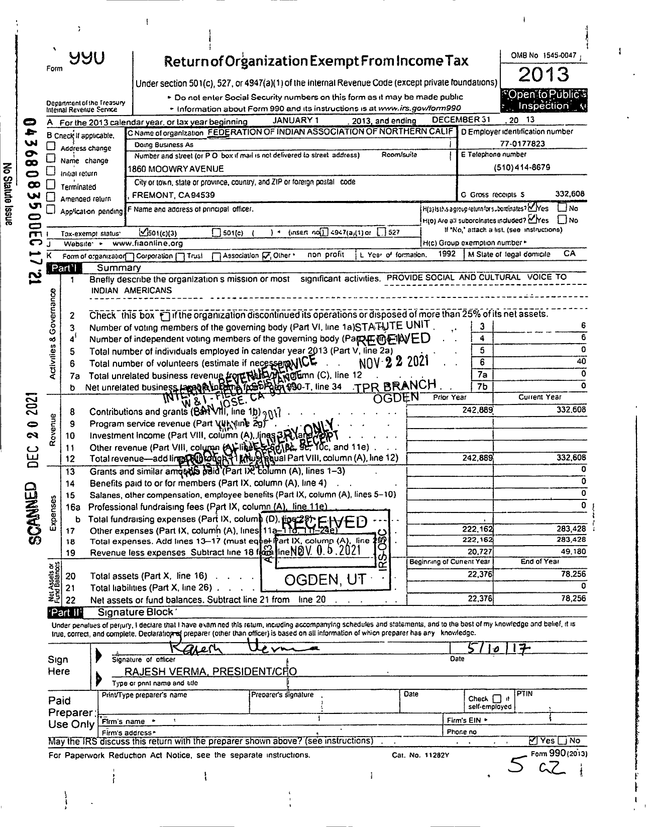 Image of first page of 2013 Form 990A for Federation of Indo Americans of Northern California