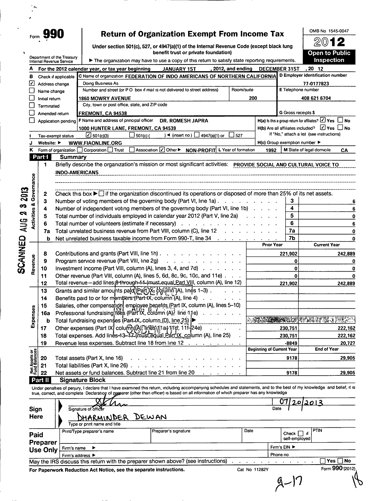 Image of first page of 2012 Form 990 for Federation of Indo Americans of Northern California