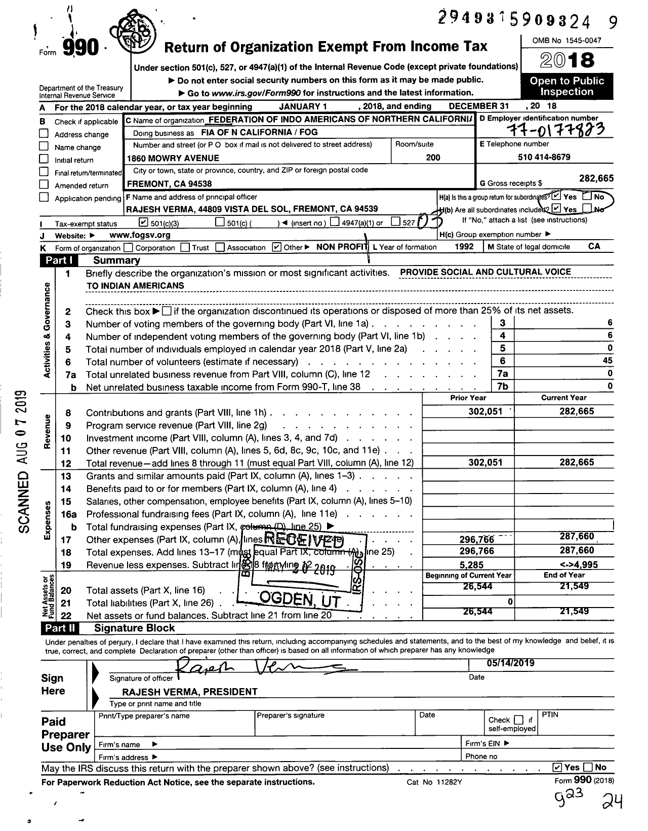 Image of first page of 2018 Form 990 for Federation of Indo Americans of Northern California