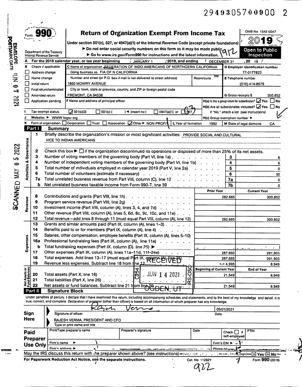 Image of first page of 2019 Form 990 for Federation of Indo Americans of Northern California