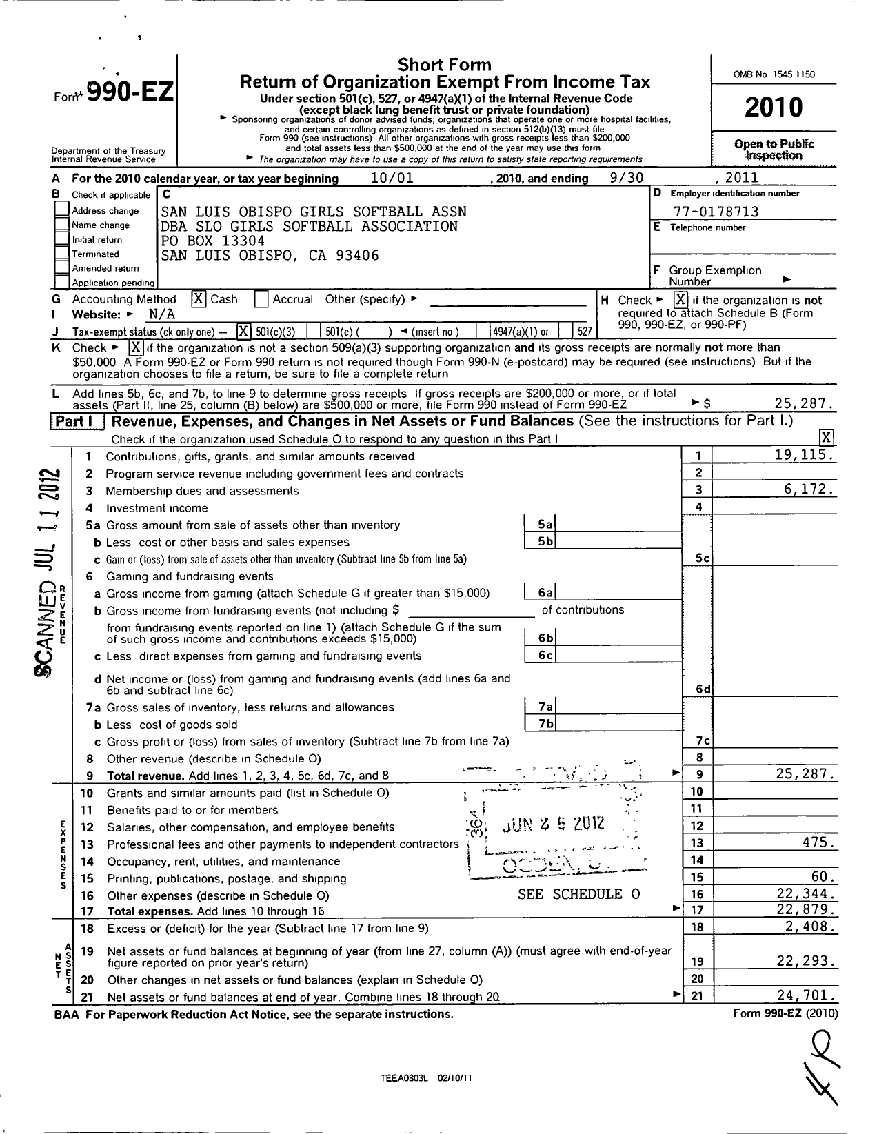 Image of first page of 2010 Form 990EZ for Slo Girls Softball Association