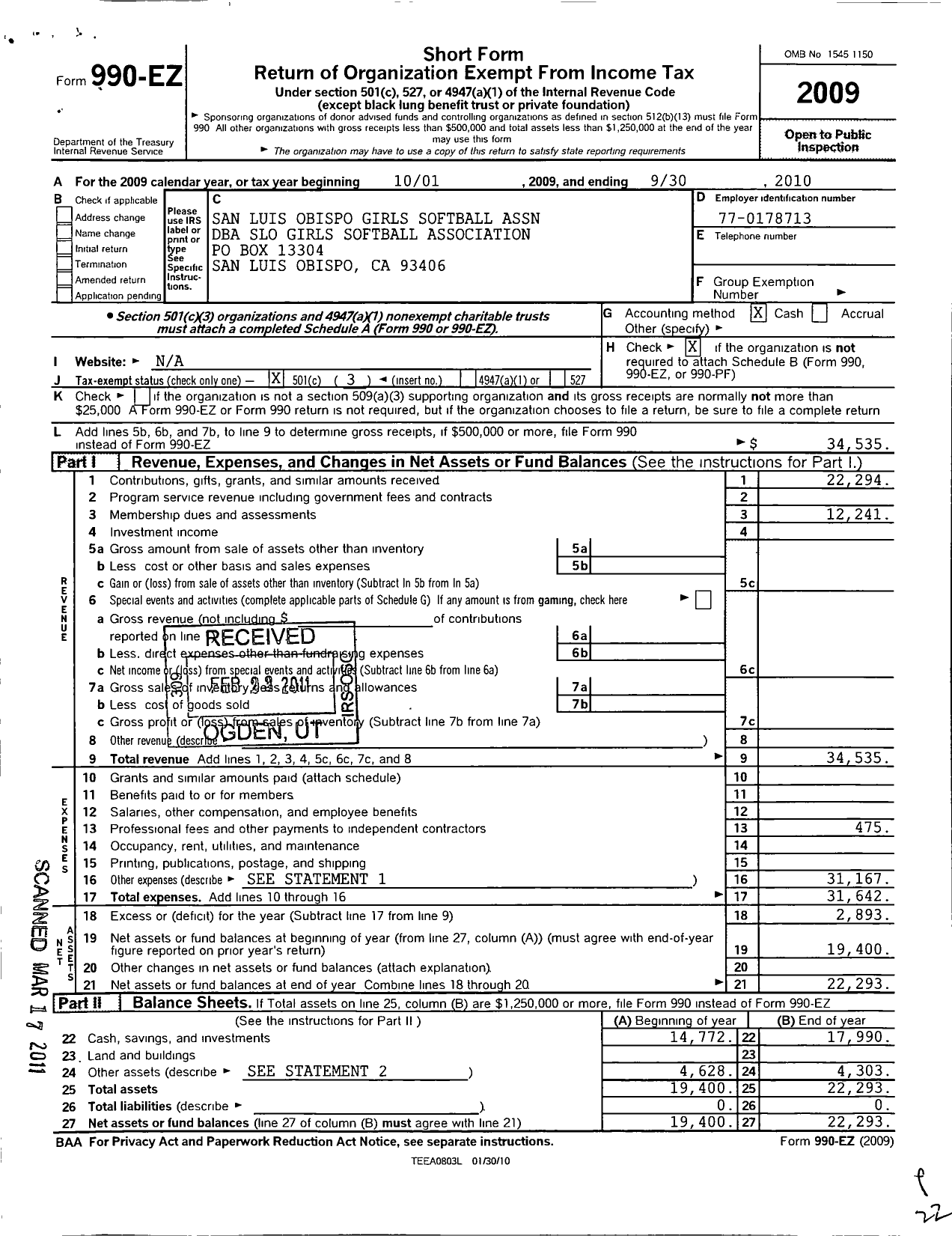 Image of first page of 2009 Form 990EZ for Slo Girls Softball Association