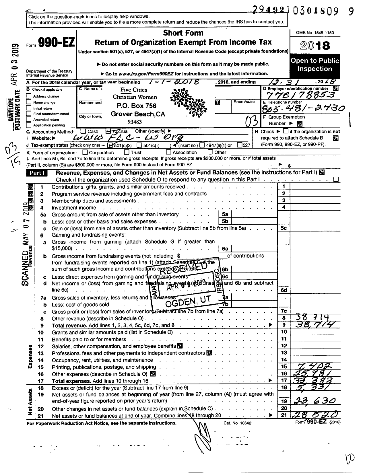 Image of first page of 2018 Form 990EZ for Five Cities Christian Women