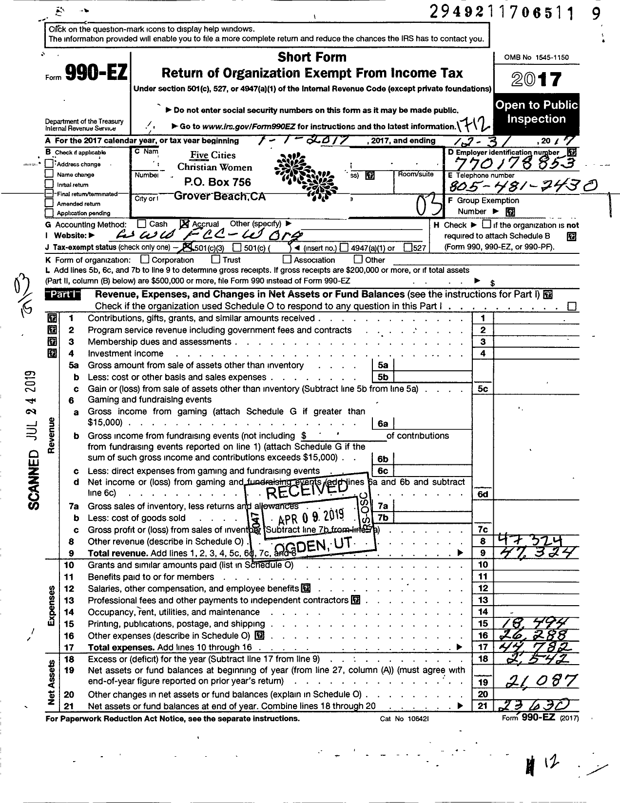 Image of first page of 2017 Form 990EZ for Five Cities Christian Women