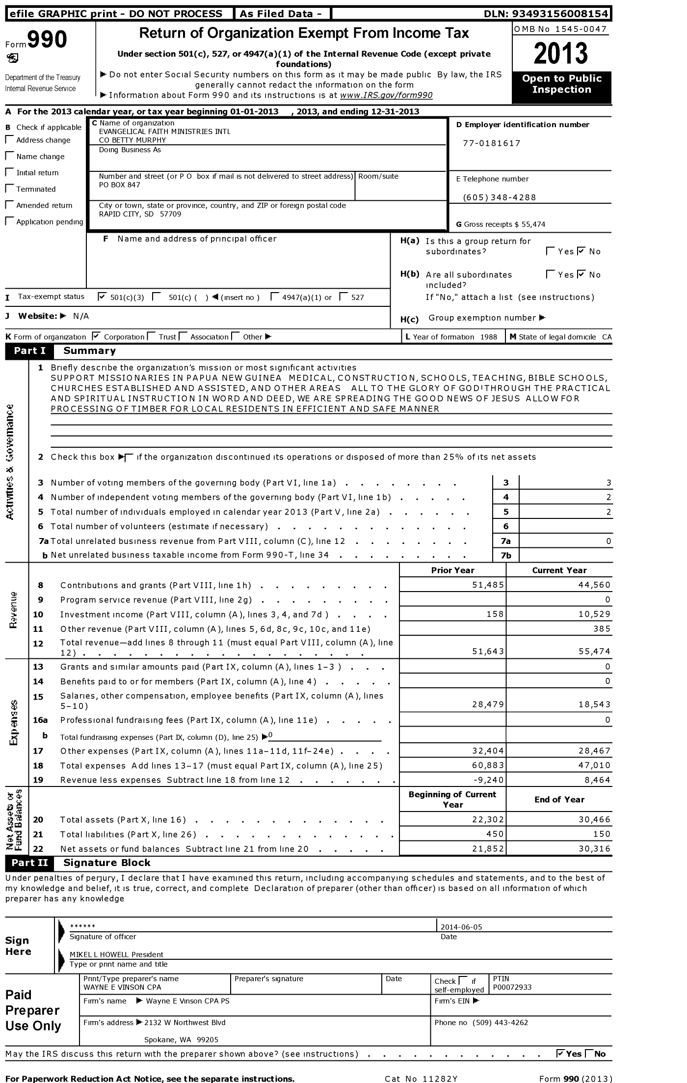 Image of first page of 2013 Form 990 for Evangelical Faith Ministries International Betty Murphy