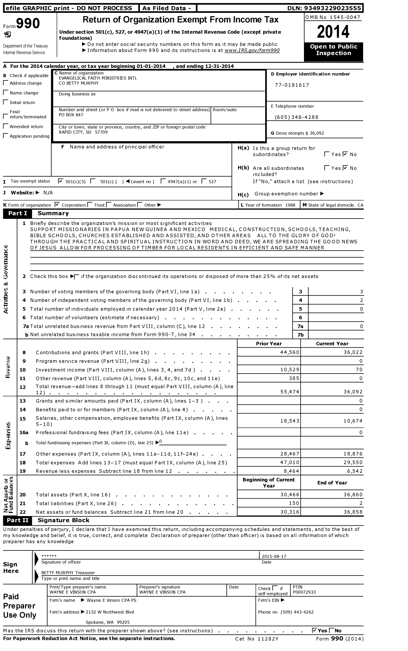 Image of first page of 2014 Form 990 for Evangelical Faith Ministries International Betty Murphy