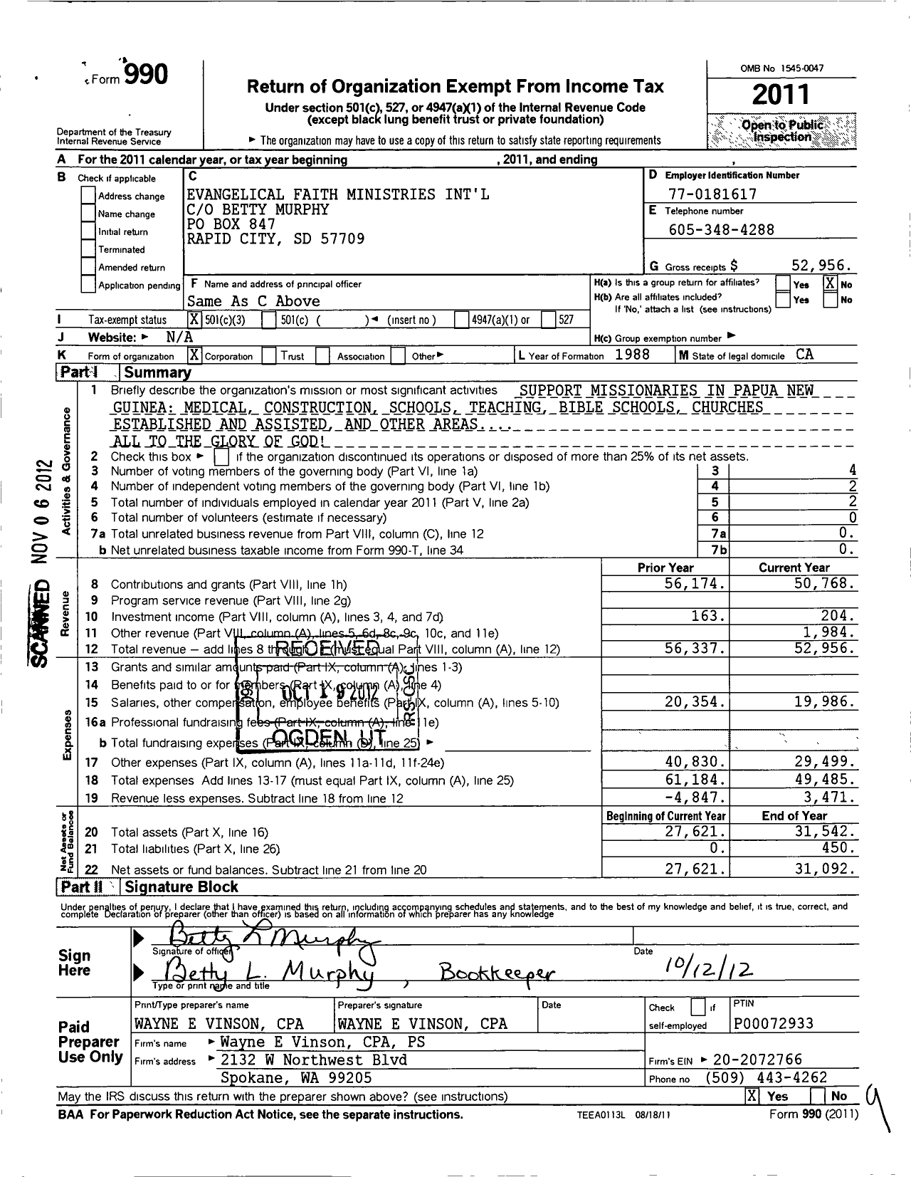 Image of first page of 2011 Form 990 for Evangelical Faith Ministries International Betty Murphy