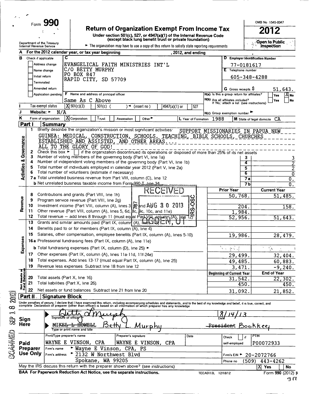 Image of first page of 2012 Form 990 for Evangelical Faith Ministries International Betty Murphy