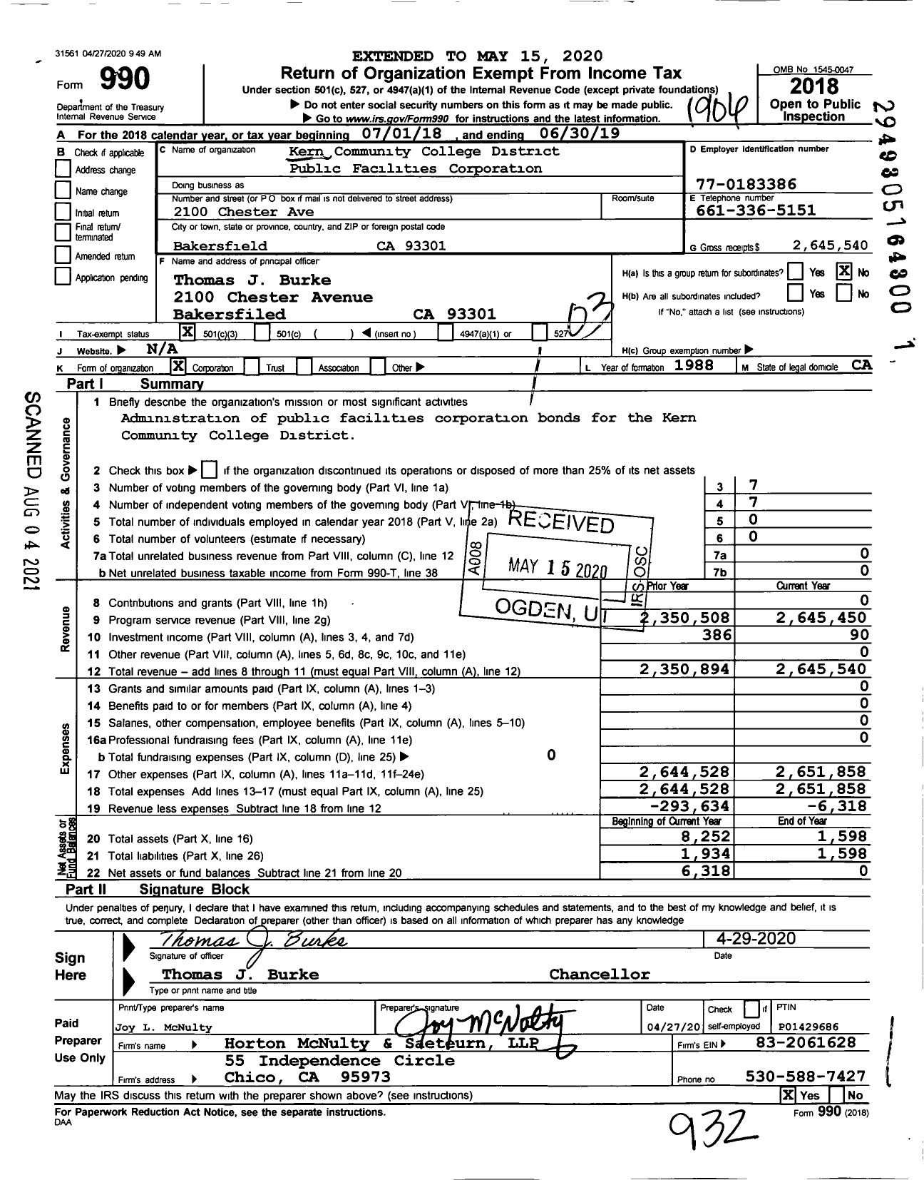 Image of first page of 2018 Form 990 for Kern Community College District Public Facilities Corporation