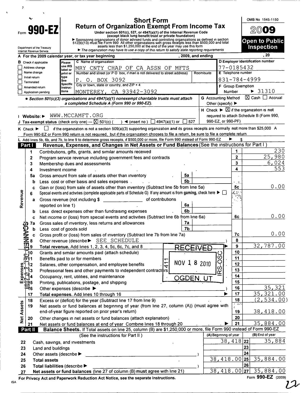 Image of first page of 2009 Form 990EO for Monterey County Chapter of the California Association of Marriage