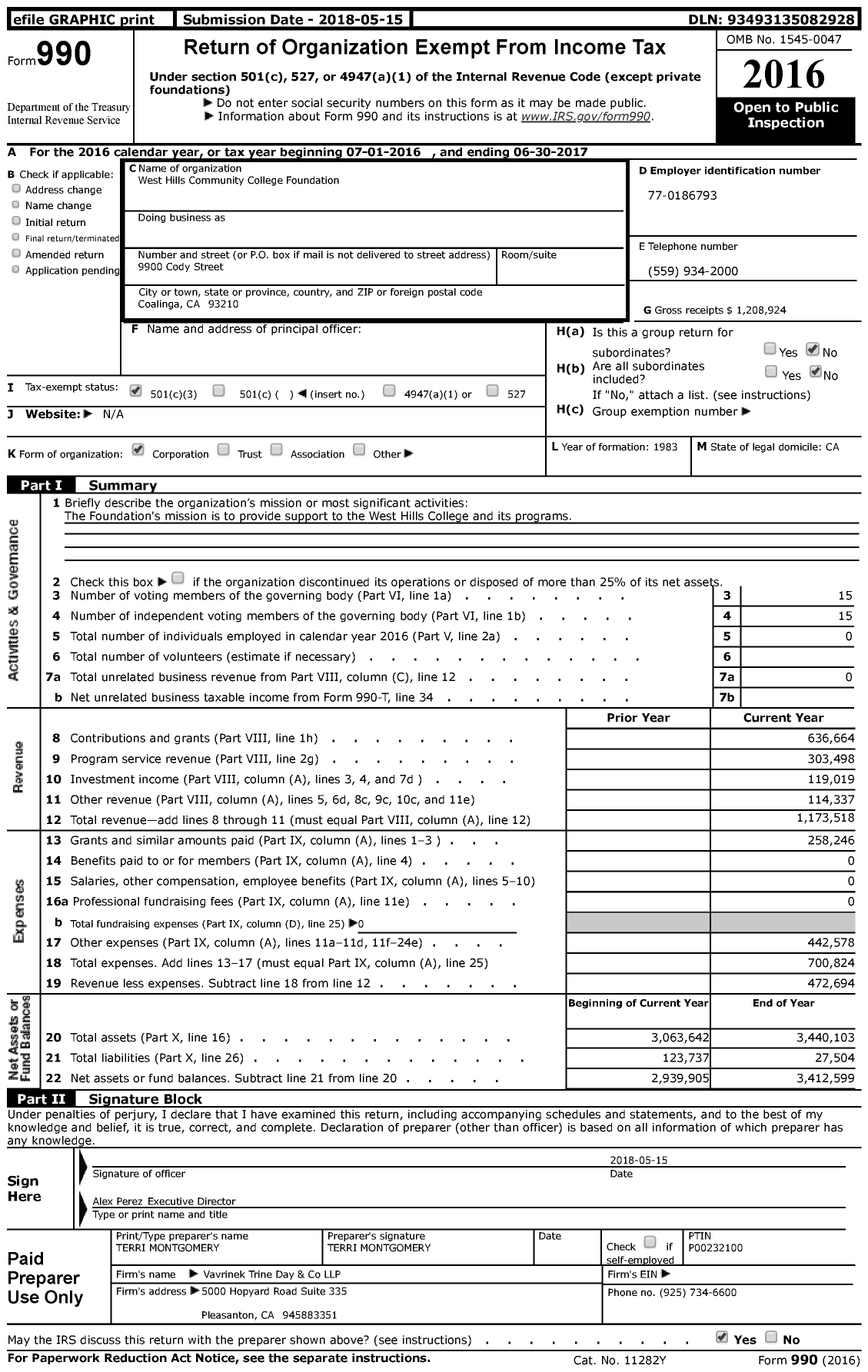 Image of first page of 2016 Form 990 for West Hills Community College Foundation