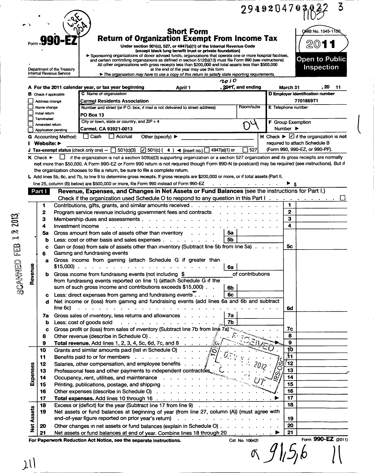 Image of first page of 2010 Form 990EOR for Carmel Residents Association