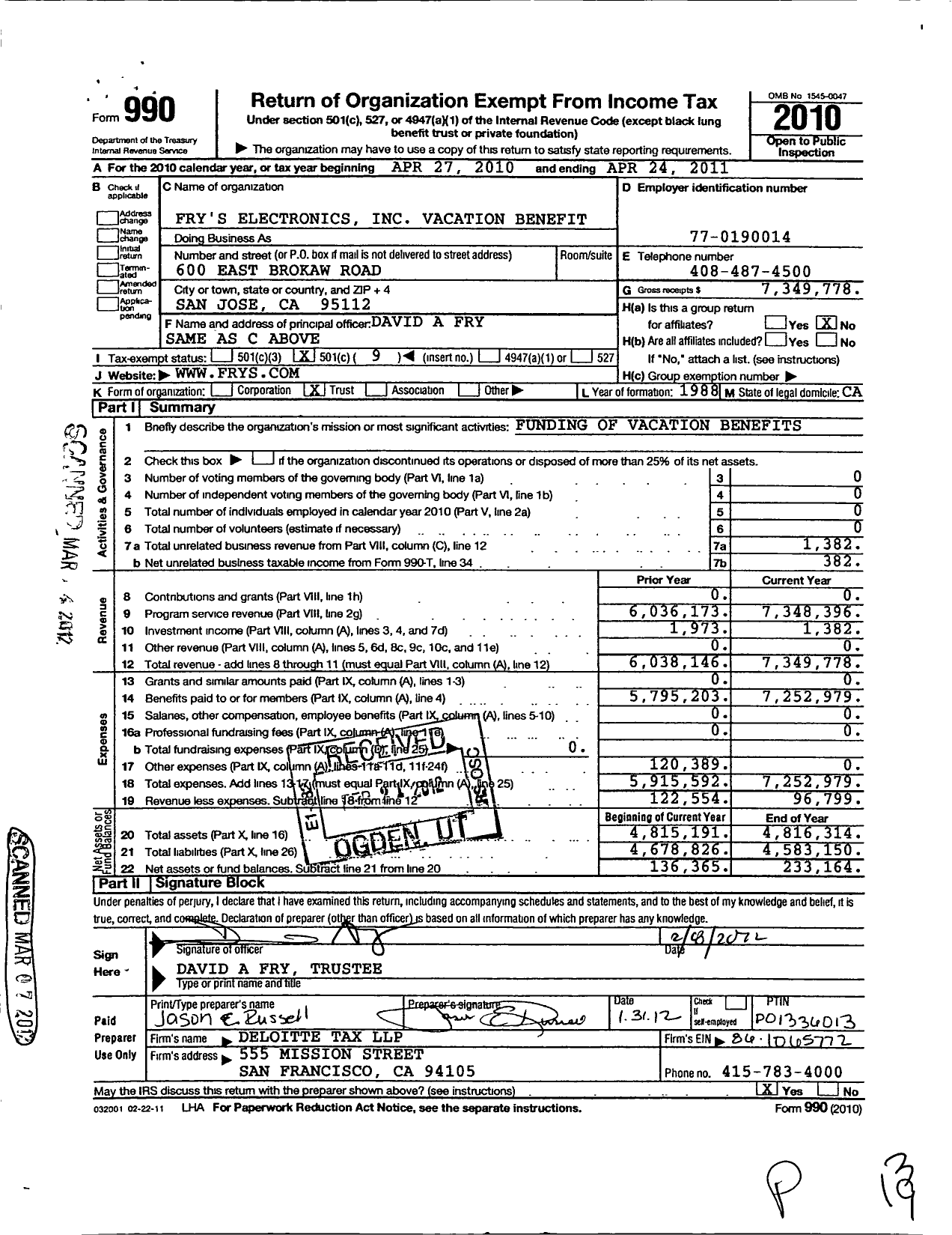 Image of first page of 2010 Form 990O for Frys Electronics Vacation Benefit