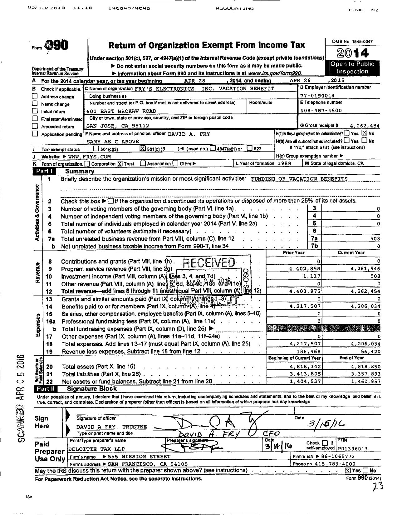 Image of first page of 2014 Form 990O for Frys Electronics Vacation Benefit