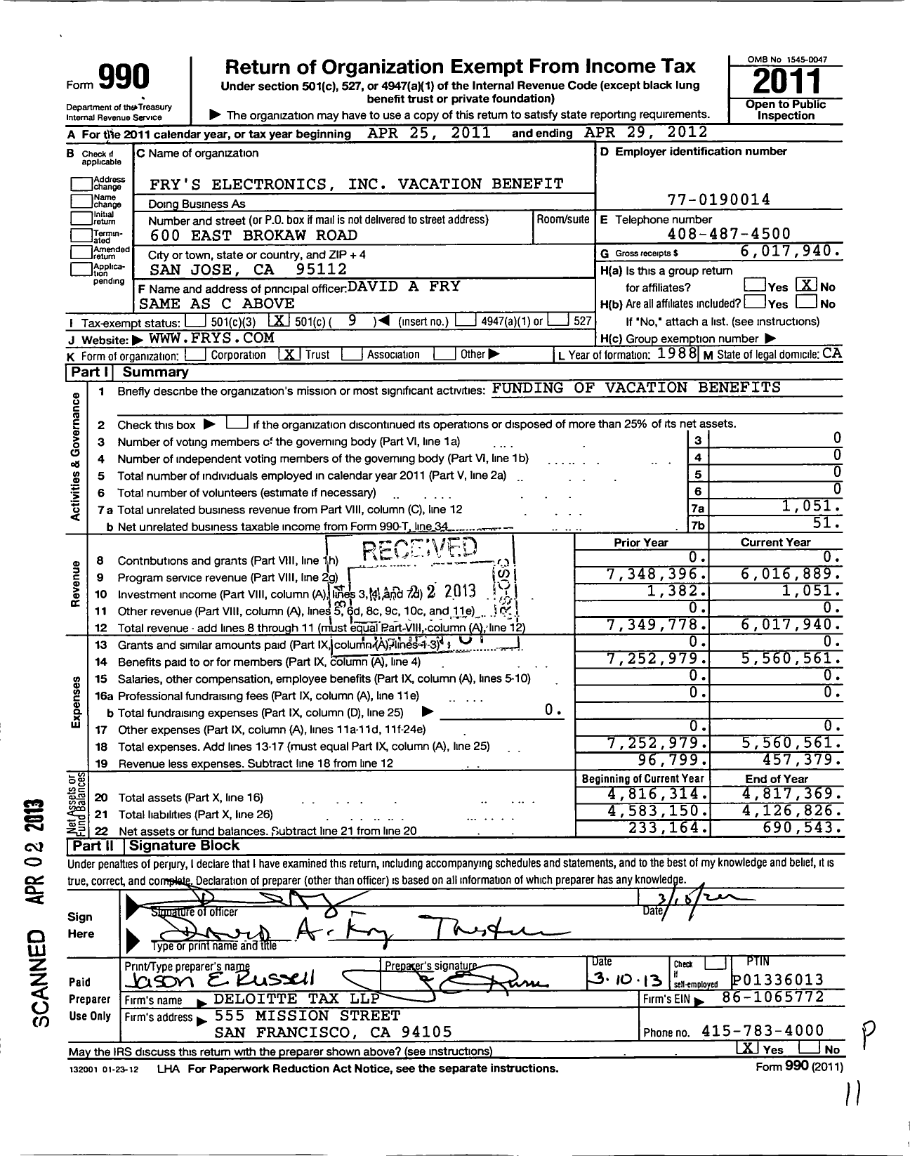 Image of first page of 2011 Form 990O for Frys Electronics Vacation Benefit