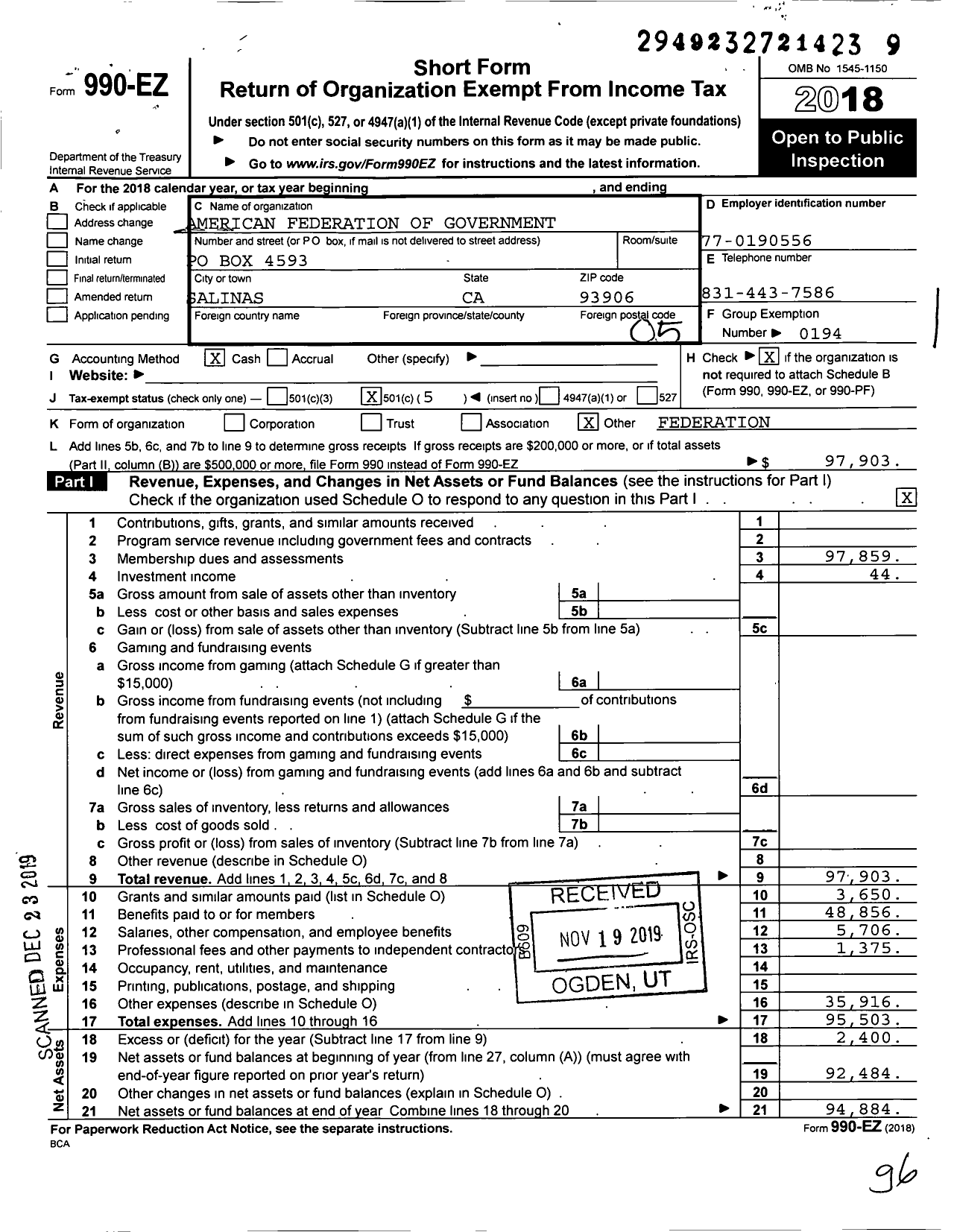 Image of first page of 2018 Form 990EO for American Federation of Government Employees - 2003 Local Afge