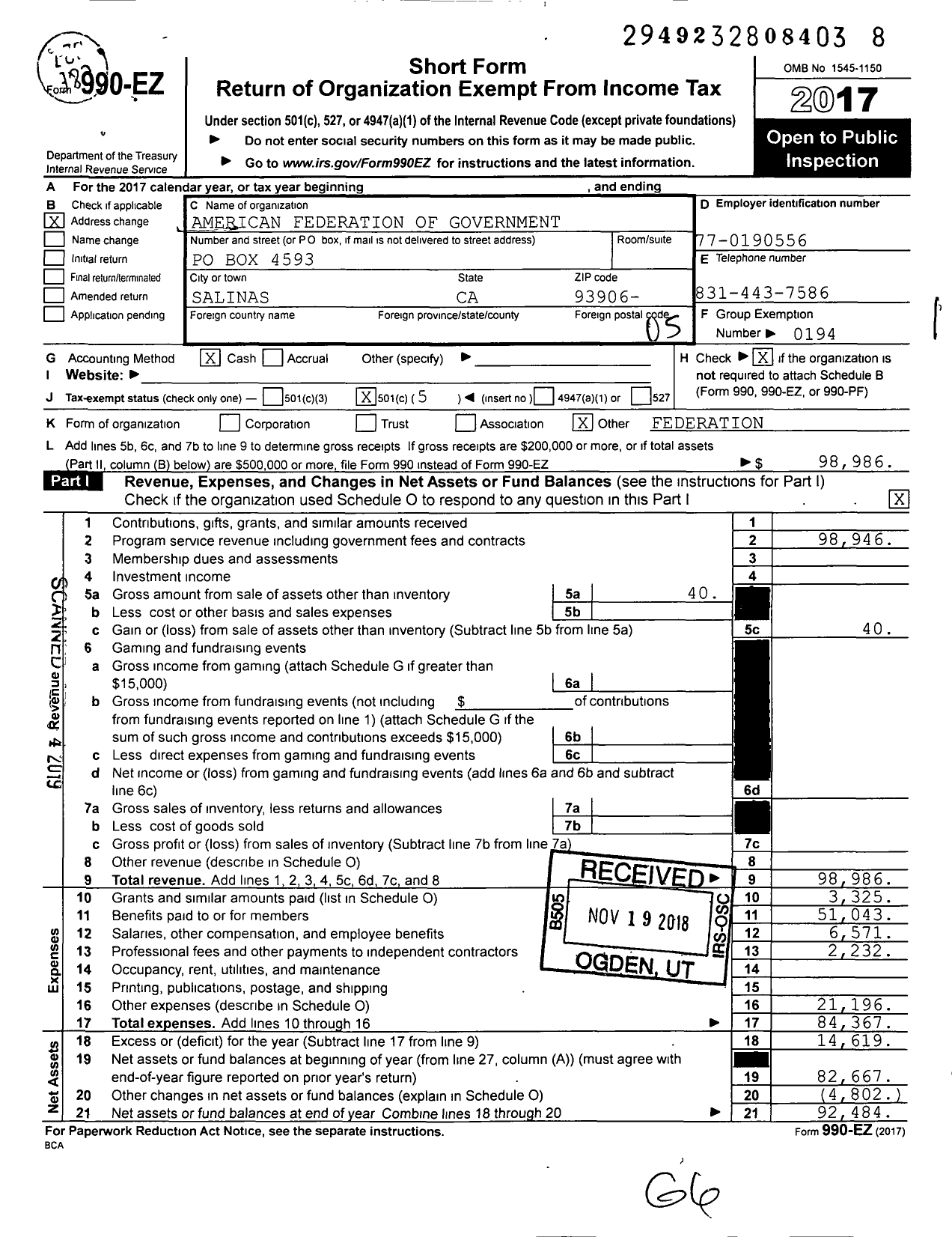 Image of first page of 2017 Form 990EO for American Federation of Government Employees - 2003 Local Afge