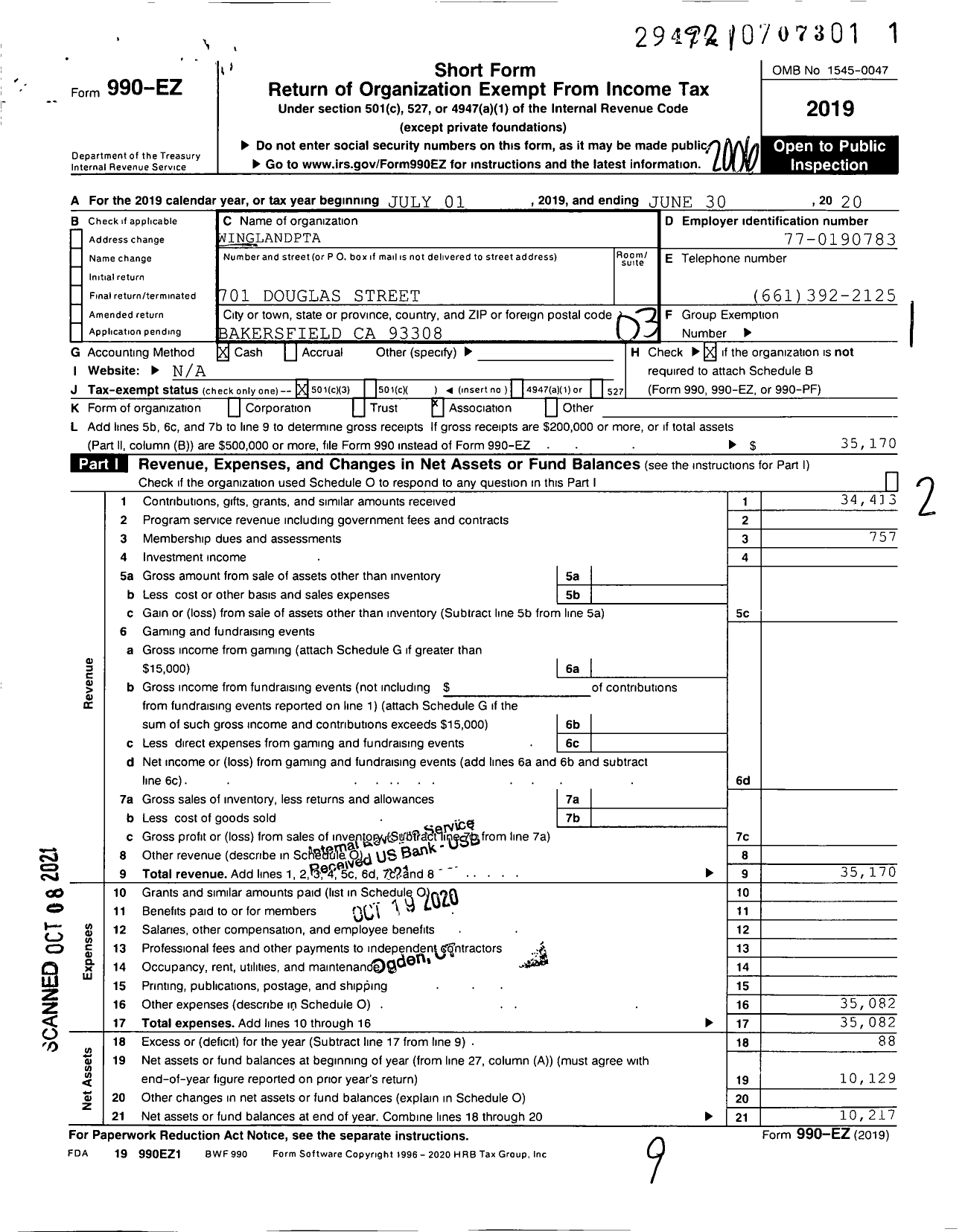 Image of first page of 2019 Form 990EZ for California State PTA - 4159 Wingland Elementary PTA