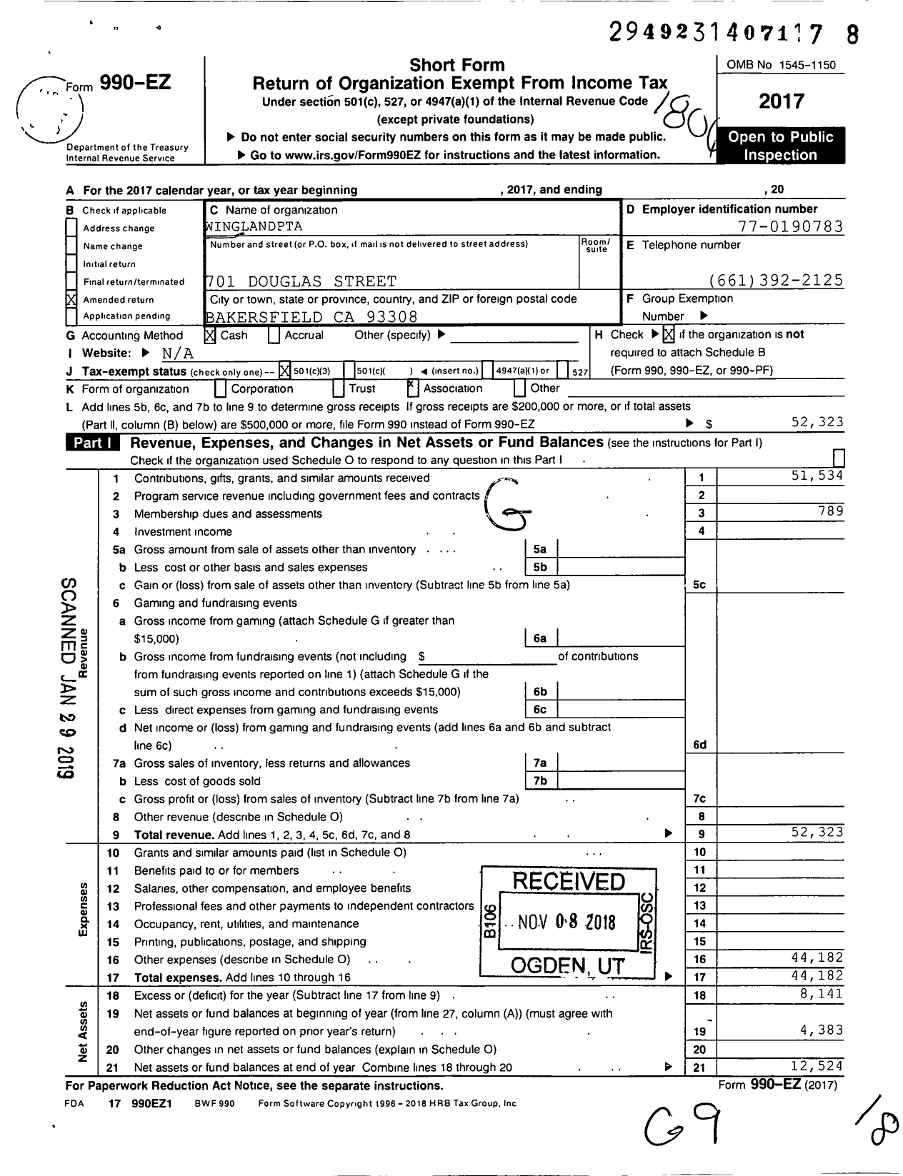 Image of first page of 2017 Form 990EZ for California State PTA - 4159 Wingland Elementary PTA