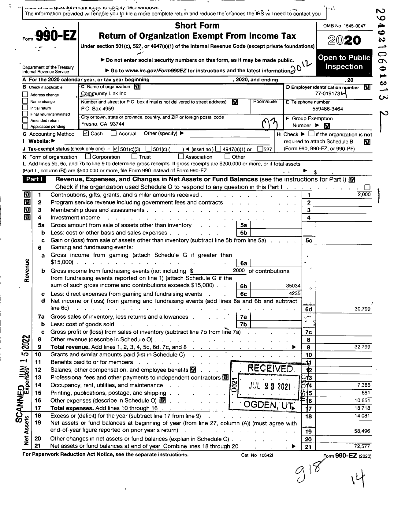 Image of first page of 2020 Form 990EZ for Community Link Incorporated