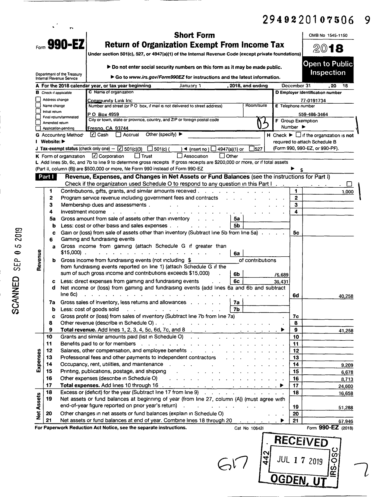 Image of first page of 2018 Form 990EZ for Community Link Incorporated