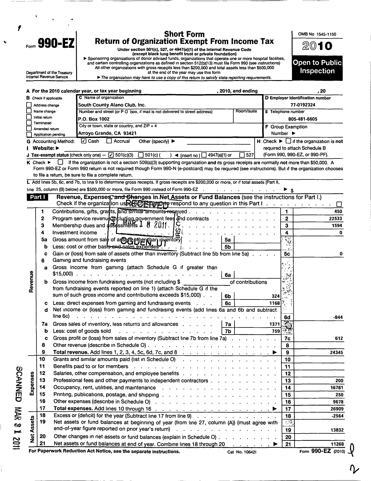 Image of first page of 2010 Form 990EZ for South County Alano Club