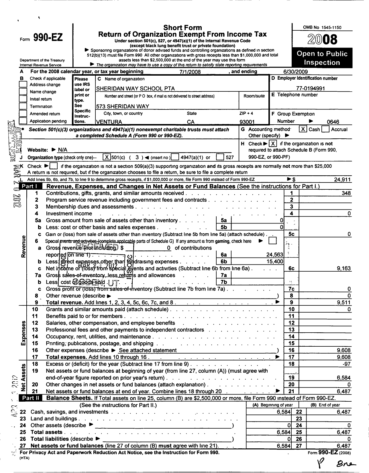 Image of first page of 2008 Form 990EZ for California State PTA - Sheridan Way Elementary PTA