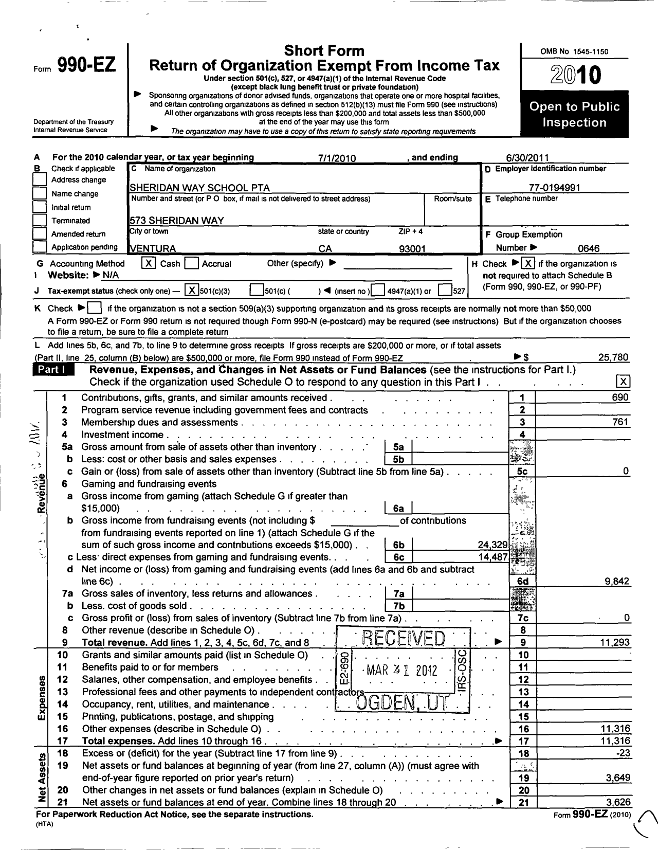 Image of first page of 2010 Form 990EZ for California State PTA - Sheridan Way Elementary PTA