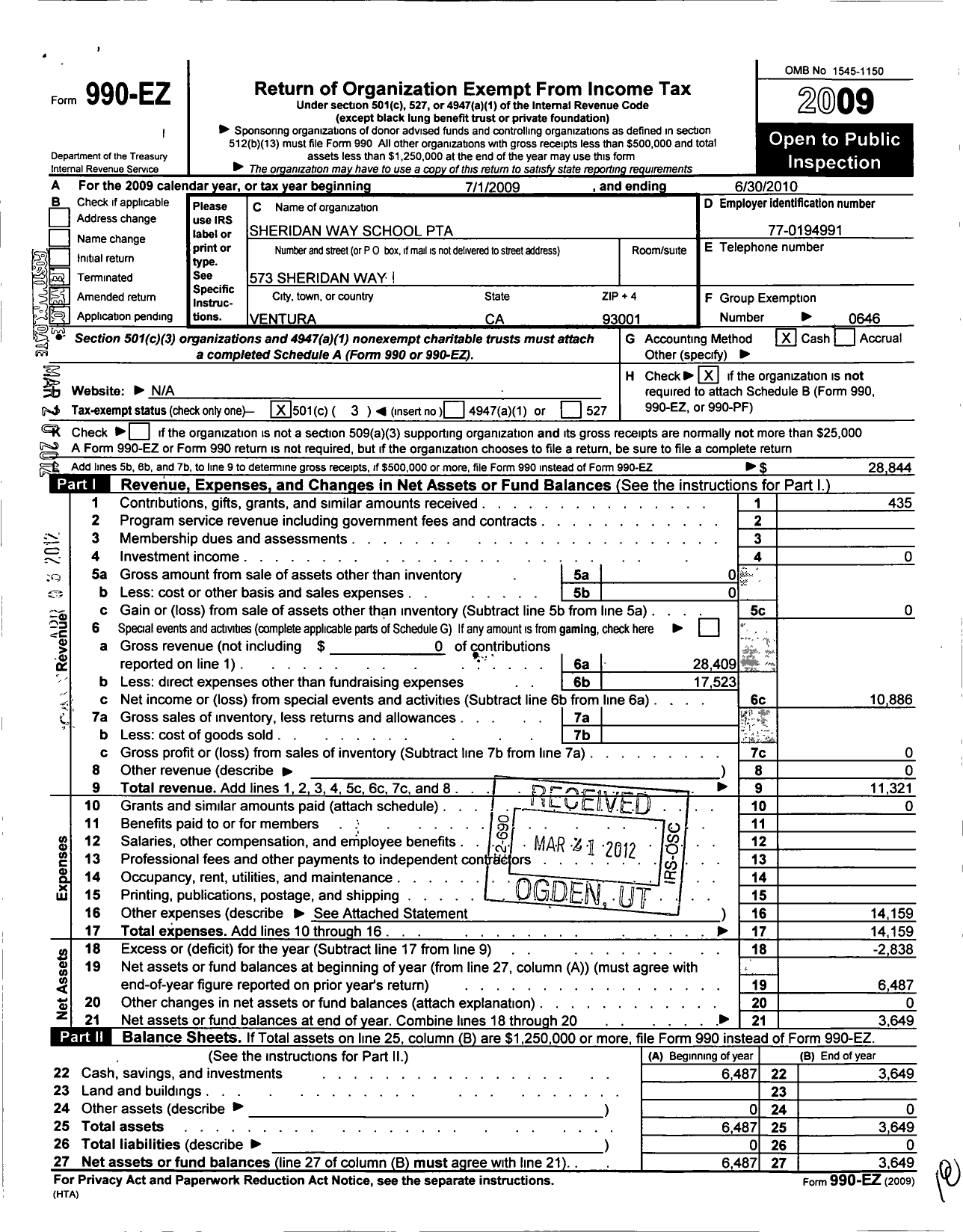 Image of first page of 2009 Form 990EZ for California State PTA - Sheridan Way Elementary PTA