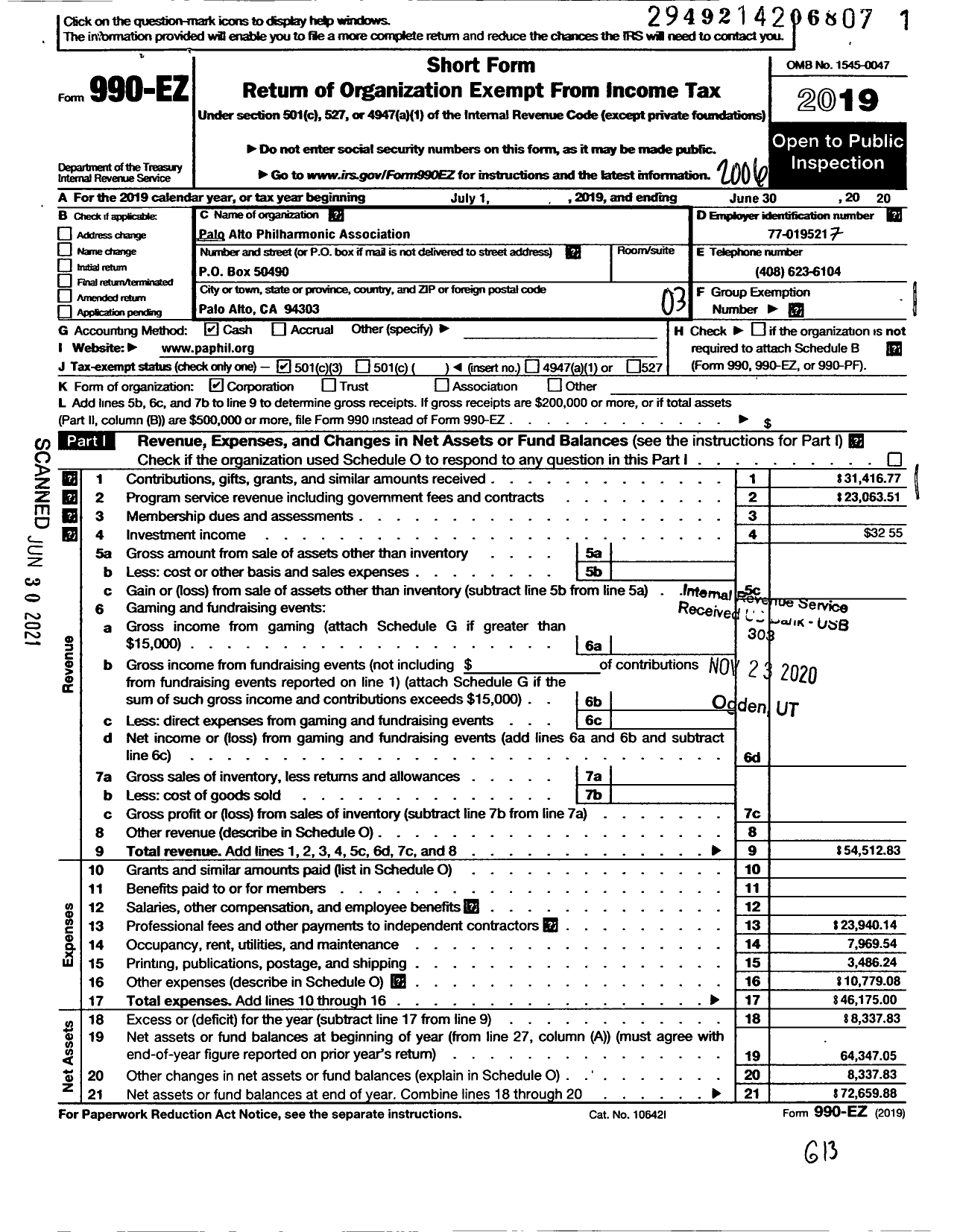 Image of first page of 2019 Form 990EZ for Palo Alto Philharmonic Association