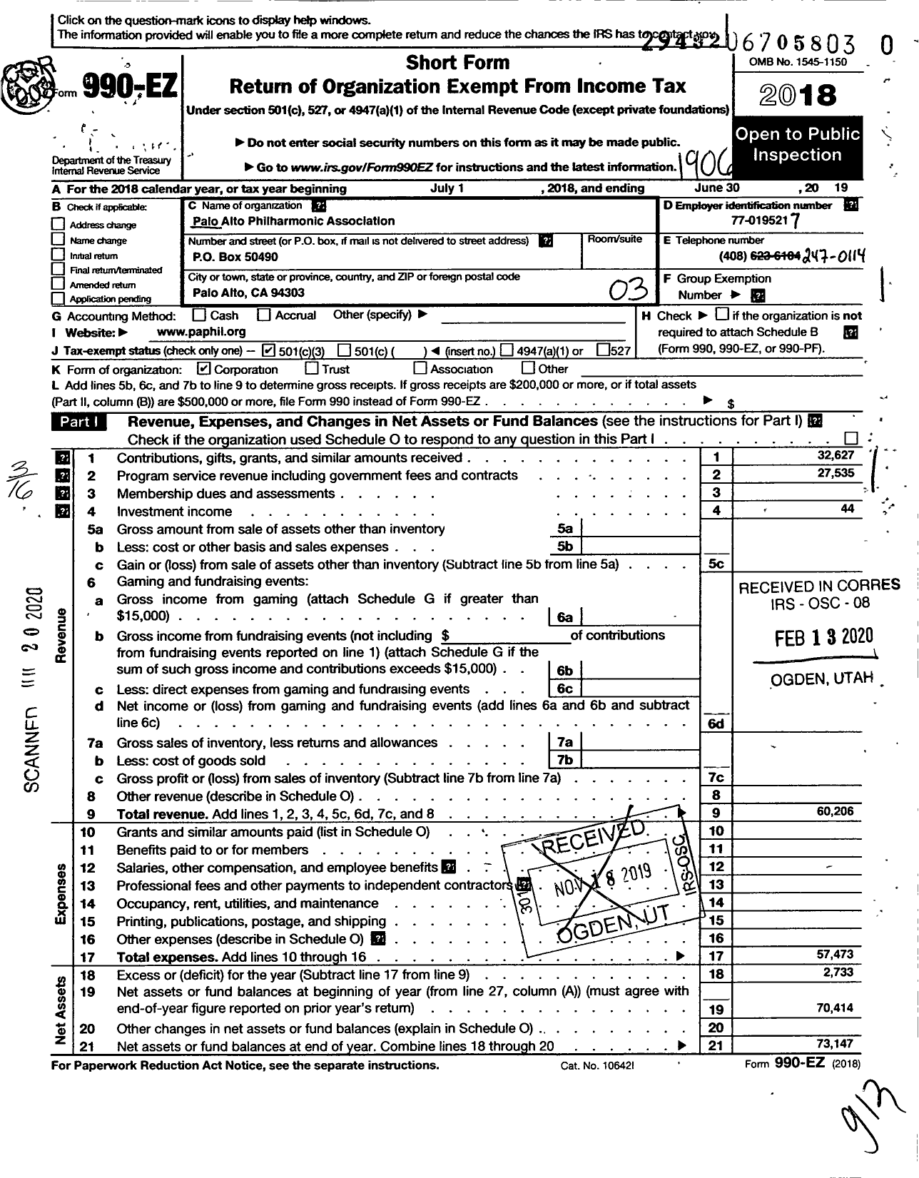 Image of first page of 2018 Form 990EZ for Palo Alto Philharmonic Association