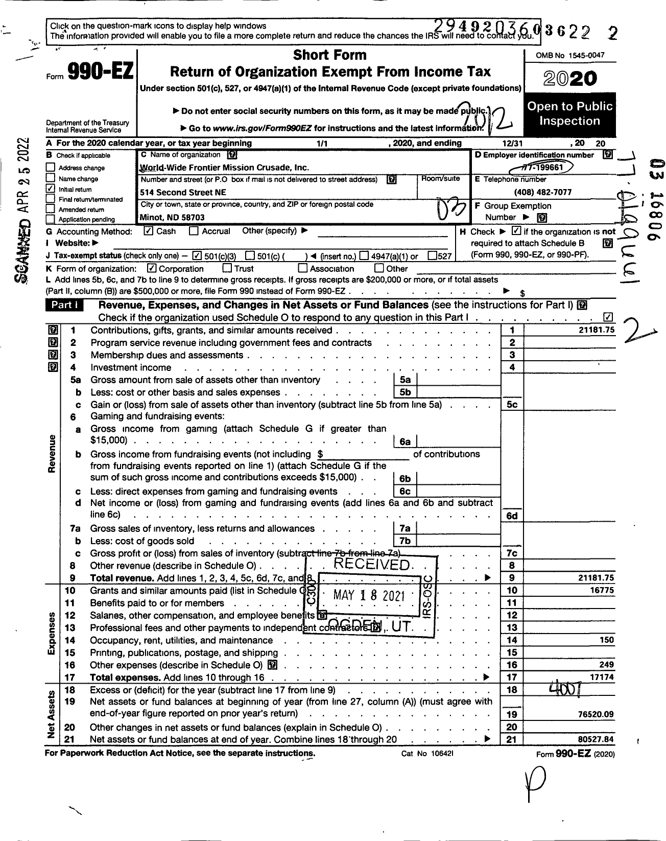 Image of first page of 2020 Form 990EZ for World-Wide Frontier Mission Crusade