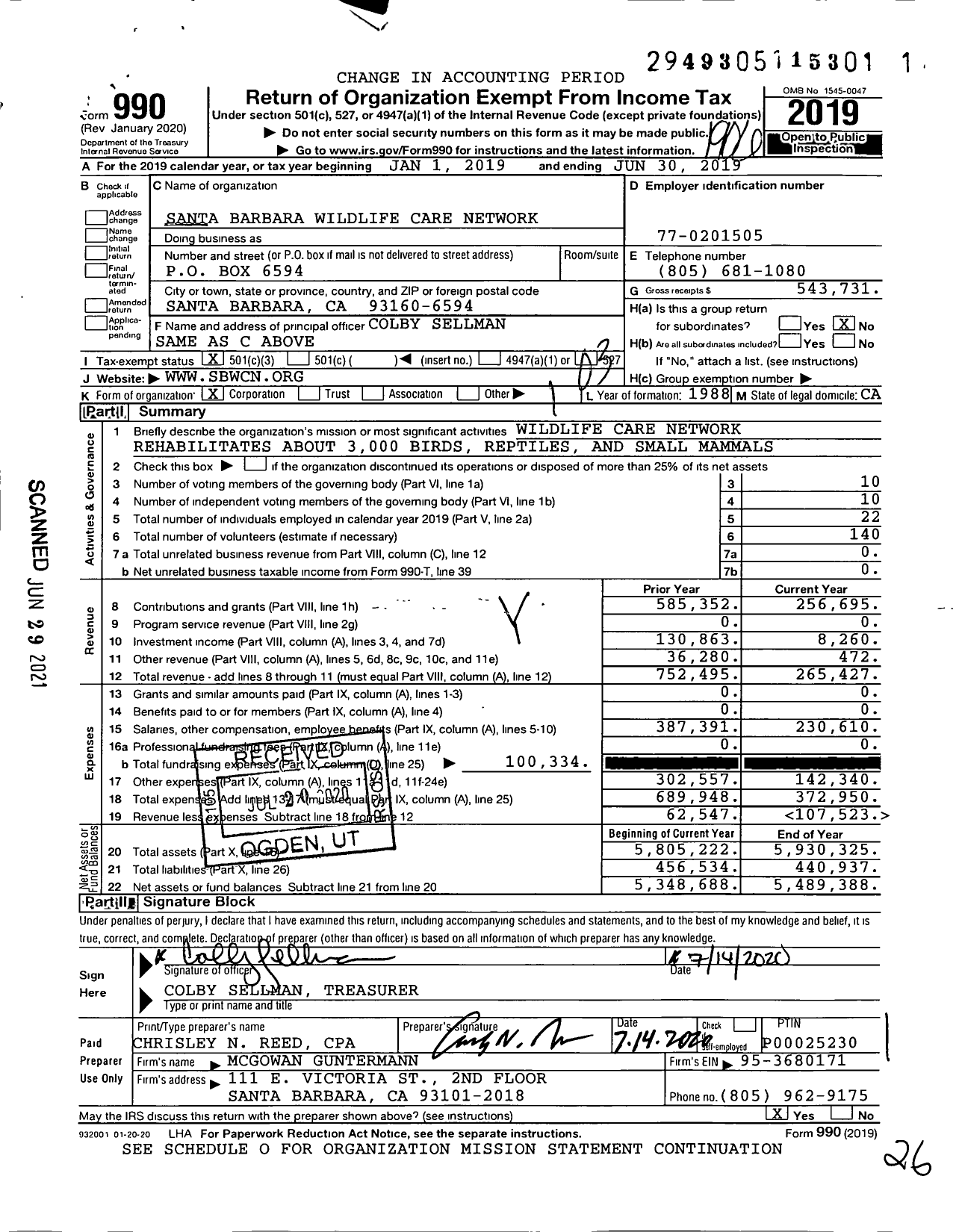 Image of first page of 2018 Form 990 for Santa Barbara Wildlife Care Network (SBWCN)