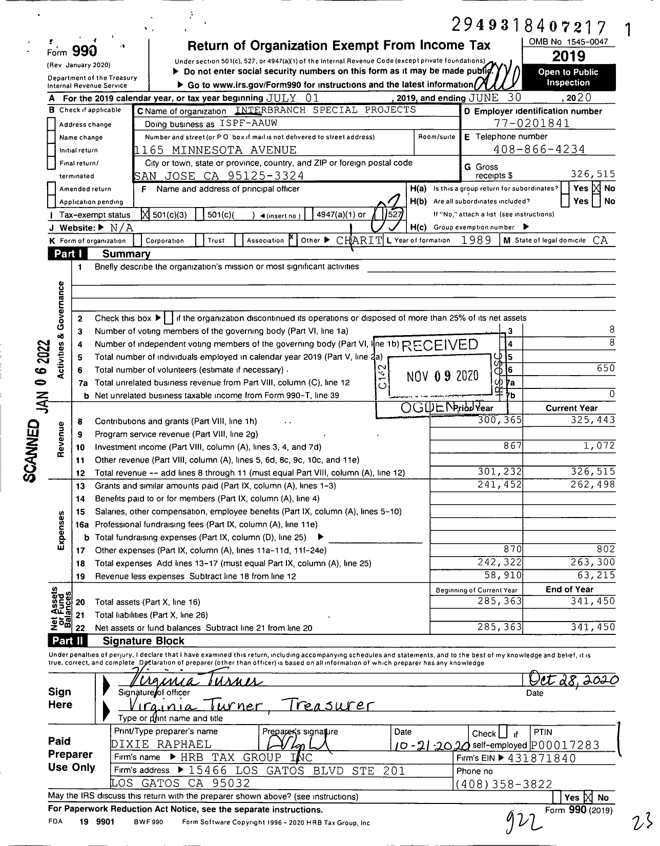 Image of first page of 2019 Form 990 for Interbranch Special Projects Foundation of Santa Clara County ISPF Ispf-Aauw