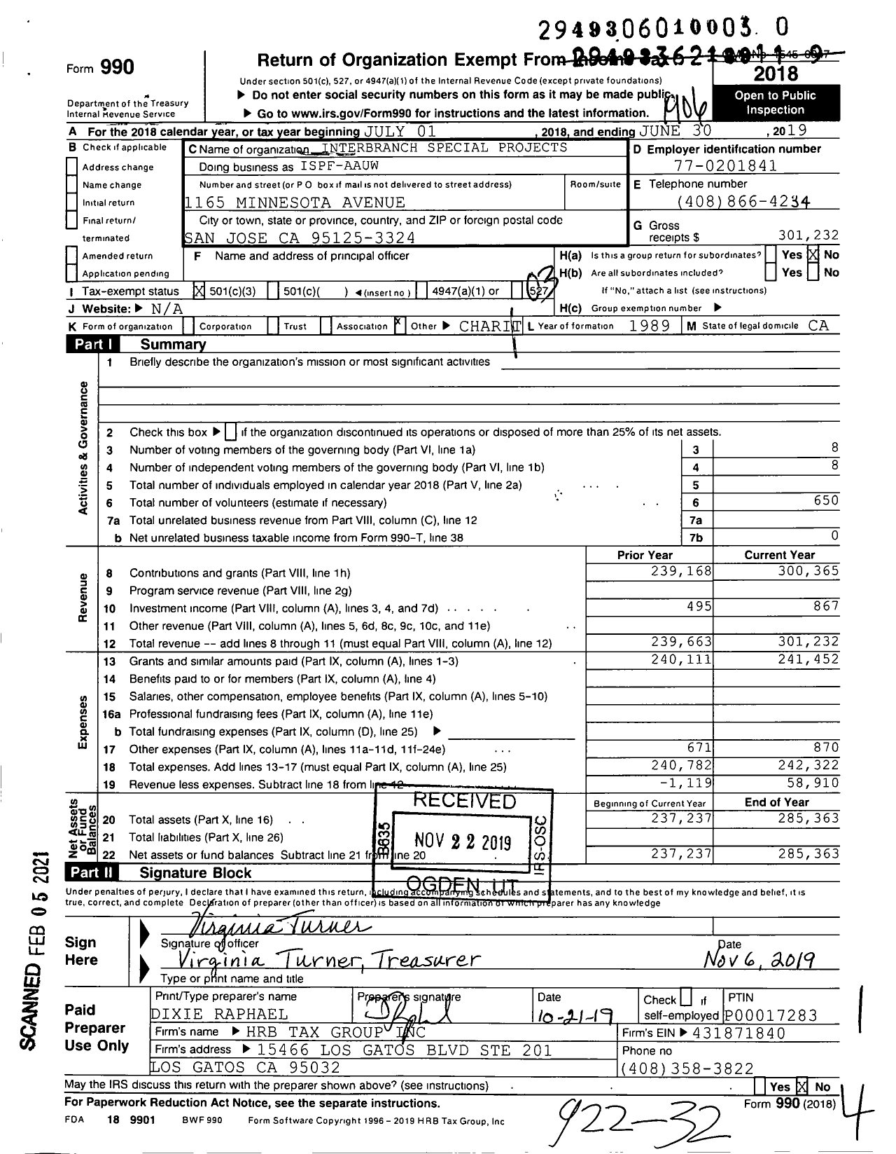 Image of first page of 2018 Form 990 for Interbranch Special Projects Foundation of Santa Clara County ISPF Ispf-Aauw