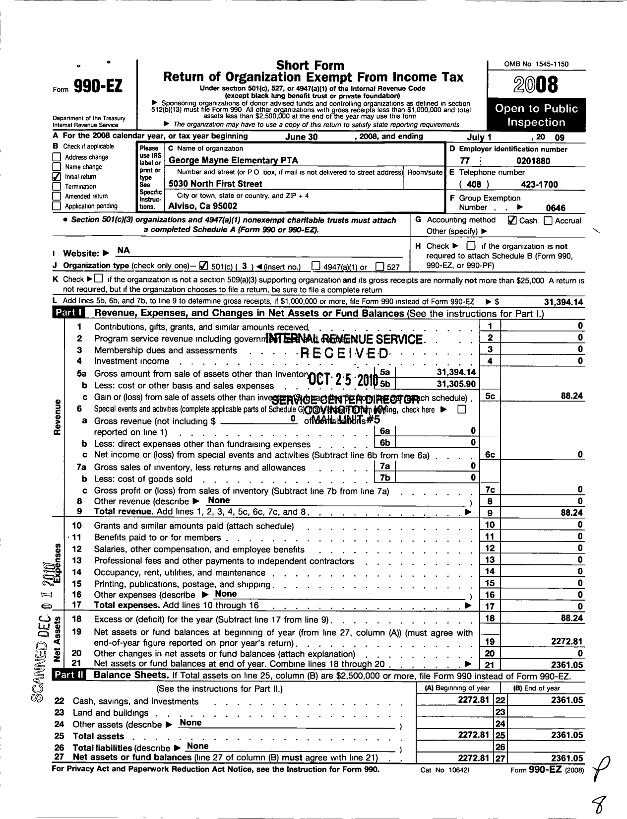 Image of first page of 2008 Form 990EZ for California State PTA - George Mayne Elementary PTA