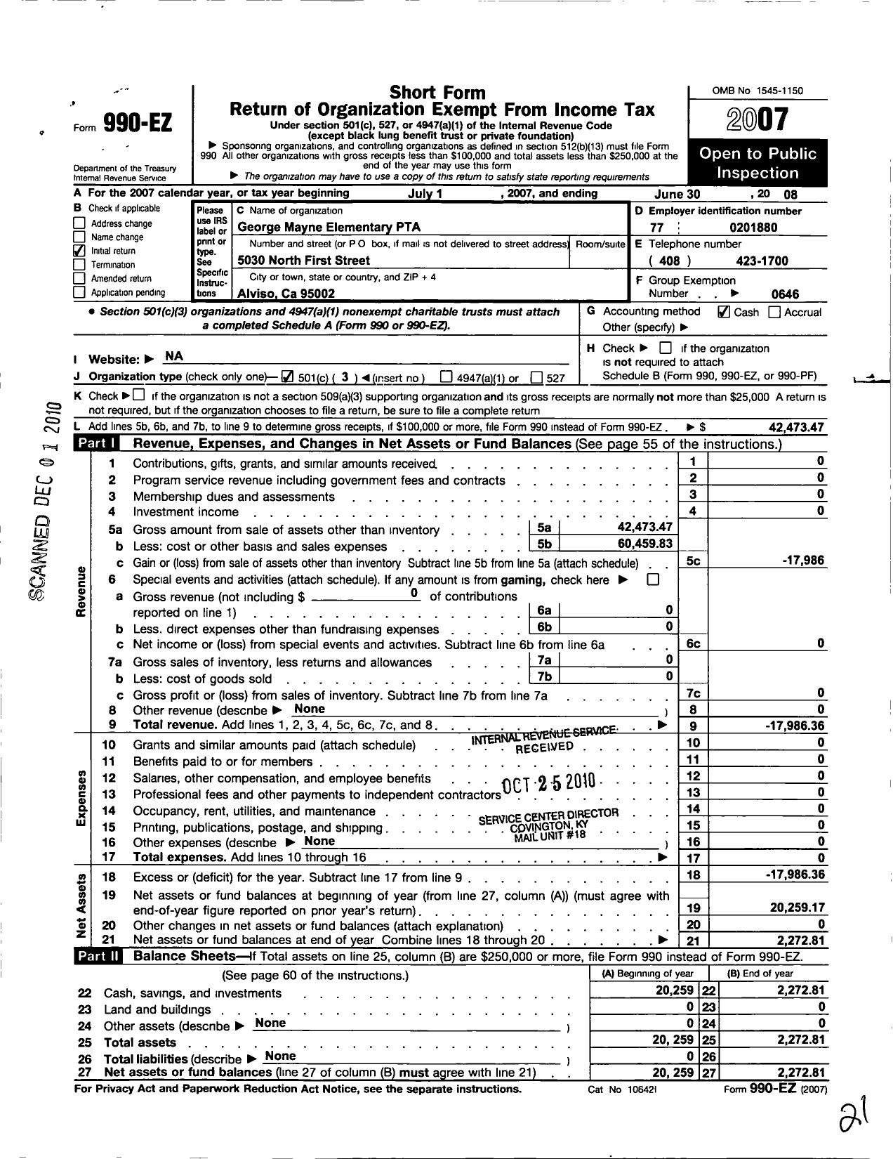 Image of first page of 2007 Form 990EZ for California State PTA - George Mayne Elementary PTA