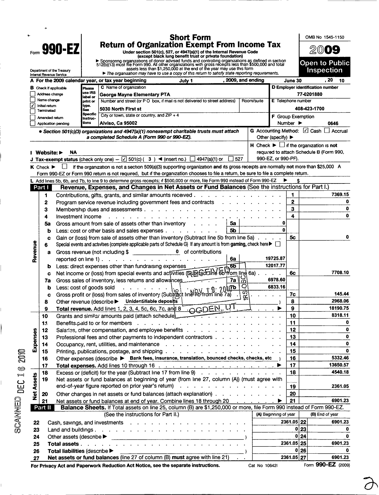 Image of first page of 2009 Form 990EZ for California State PTA - George Mayne Elementary PTA