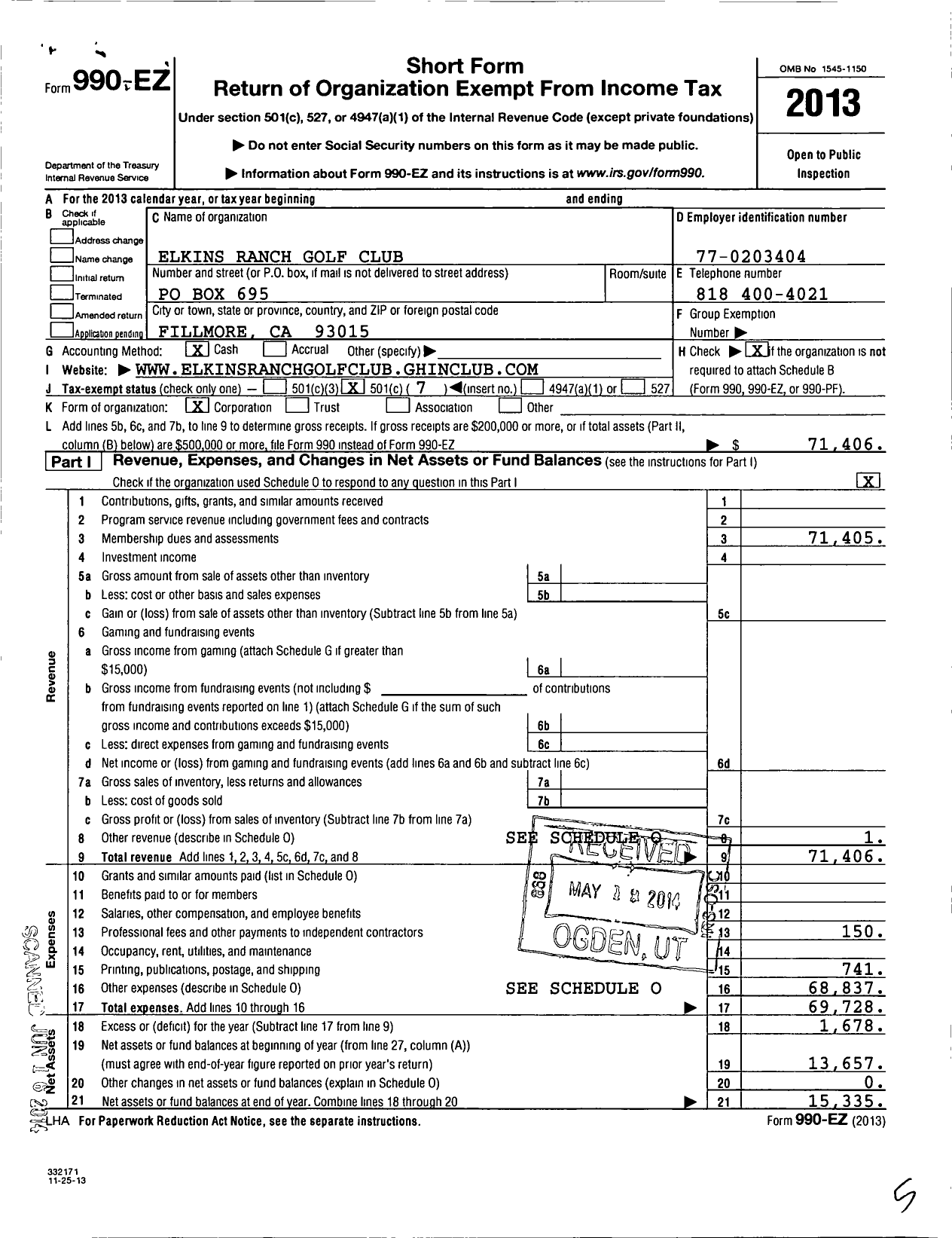 Image of first page of 2013 Form 990EO for Elkins Ranch Golf Club