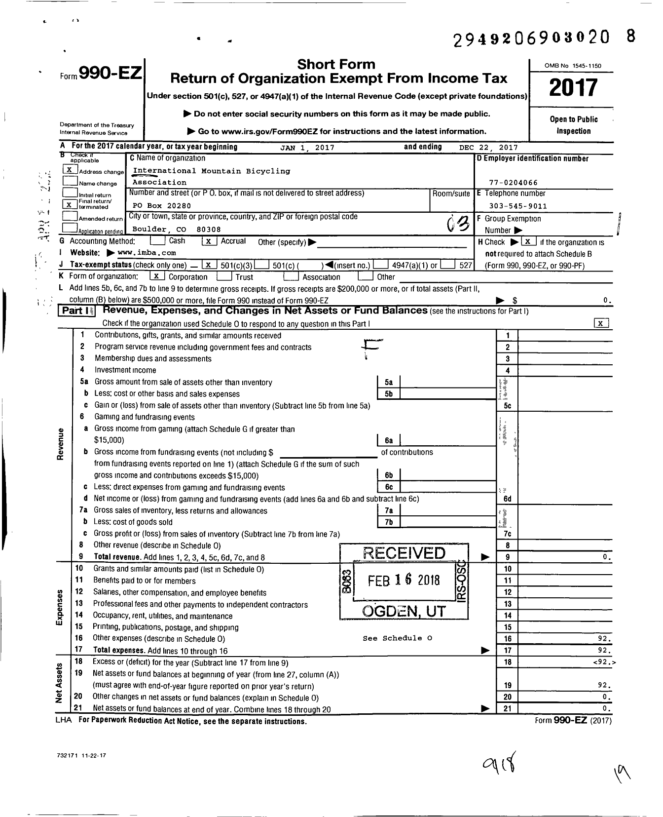 Image of first page of 2017 Form 990EZ for International Mountain Bicycling Association (IMBA)