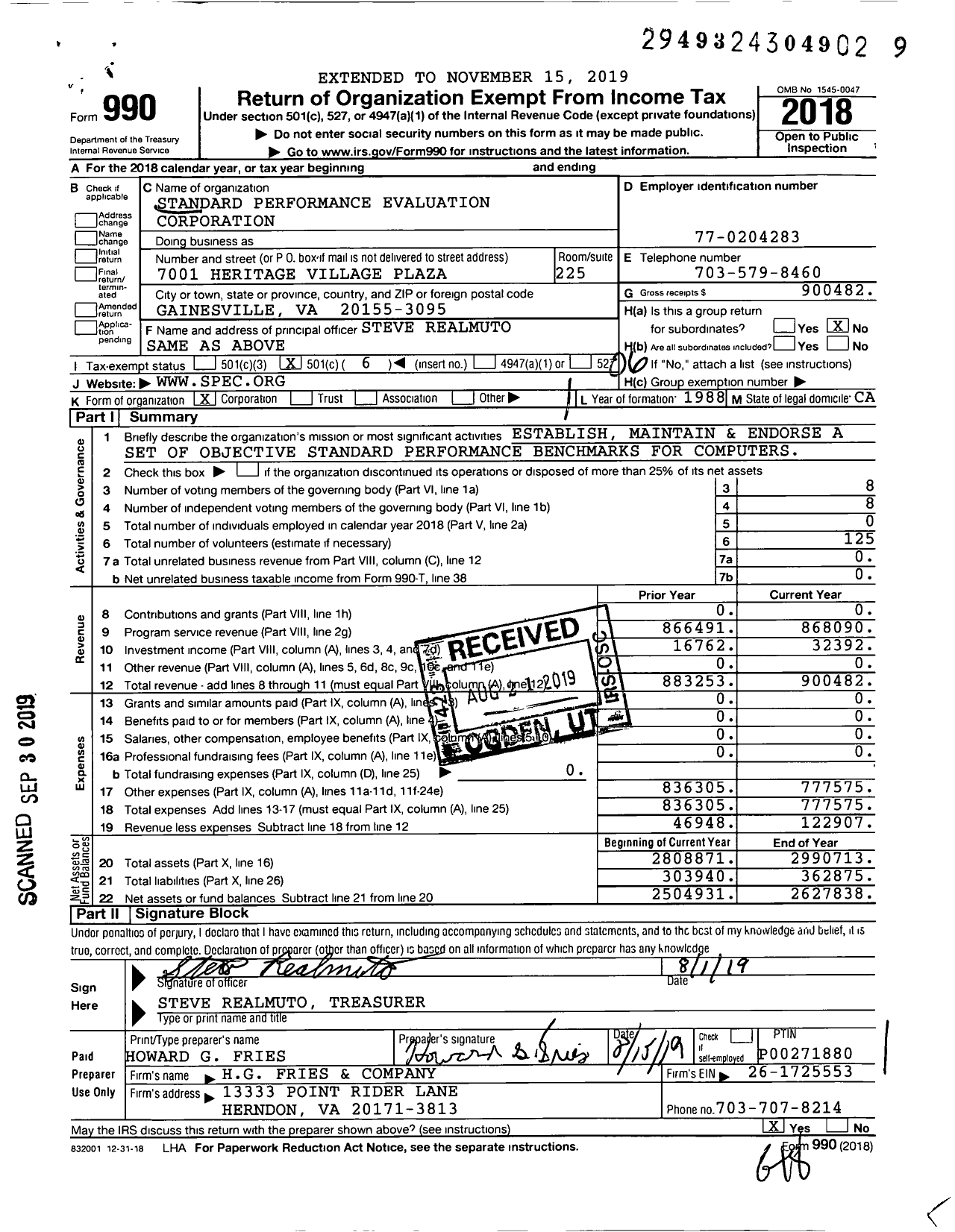 Image of first page of 2018 Form 990O for Standard Performance Evaluation Corporation