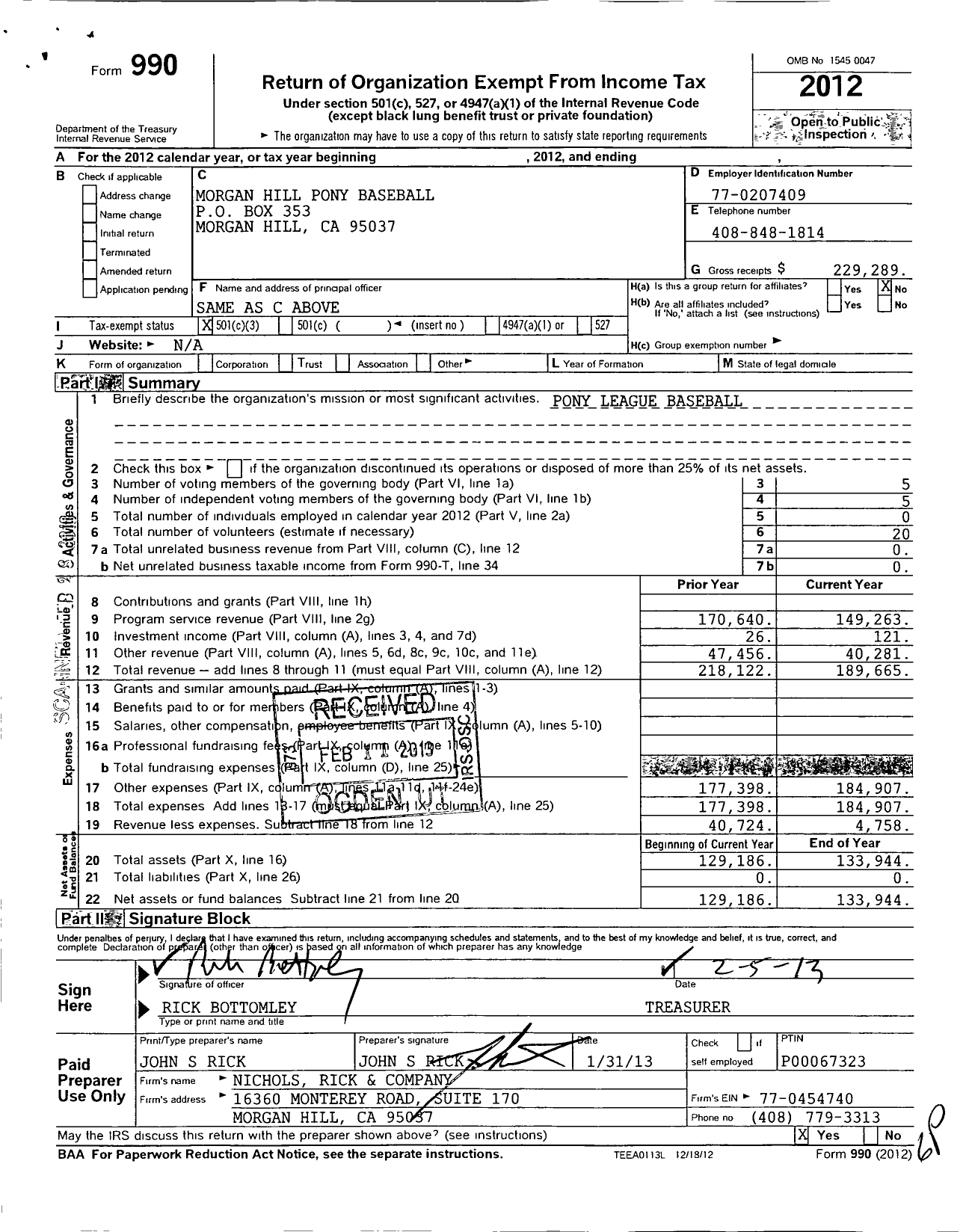 Image of first page of 2012 Form 990 for Morgan Hill Pony Baseball