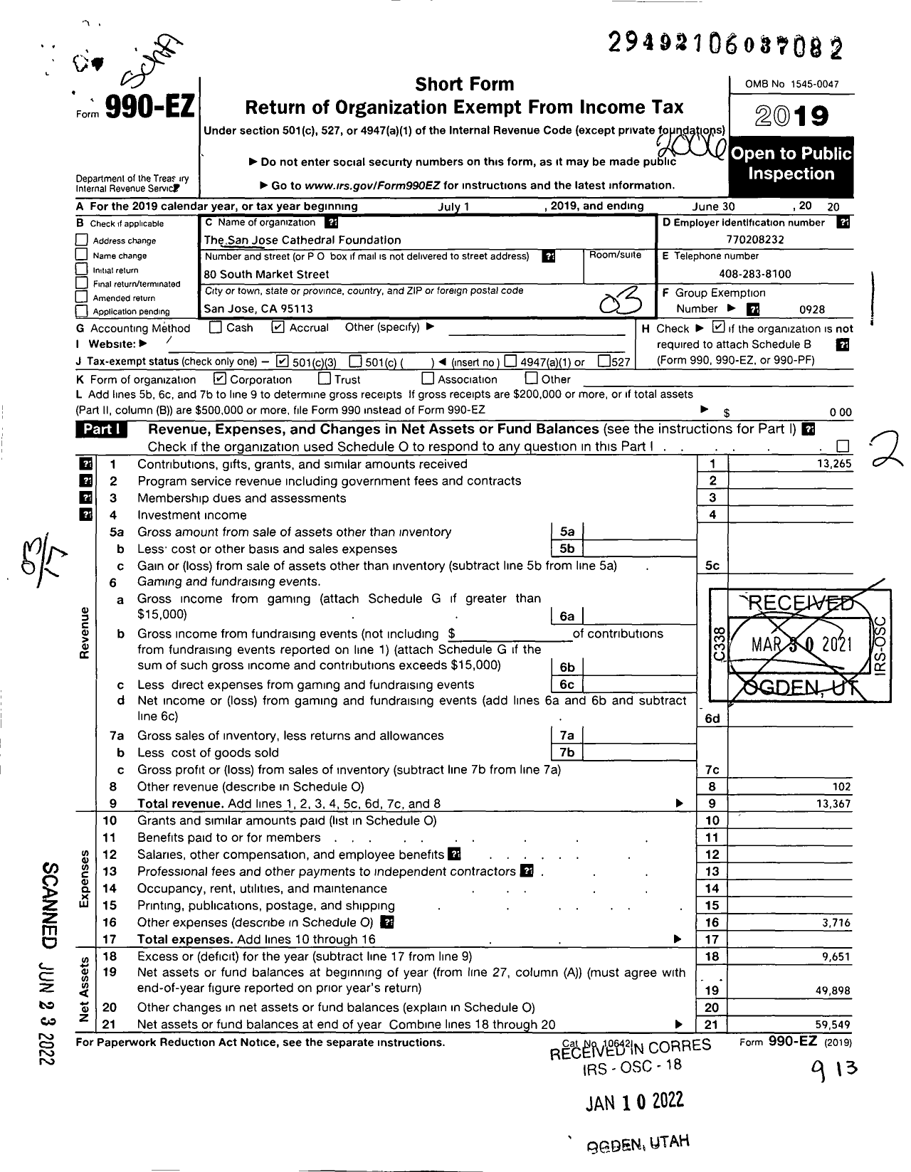 Image of first page of 2019 Form 990EZ for San Jose Cathedral Foundation