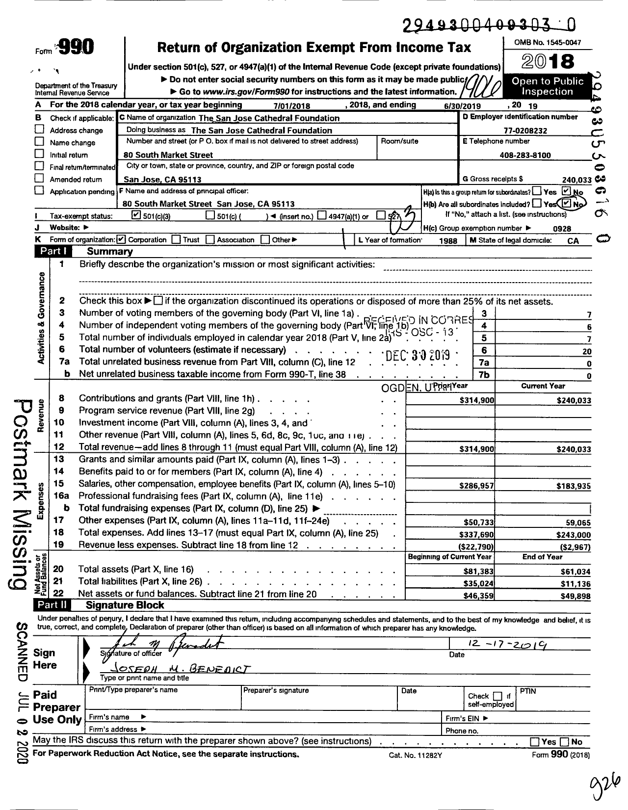 Image of first page of 2018 Form 990 for San Jose Cathedral Foundation