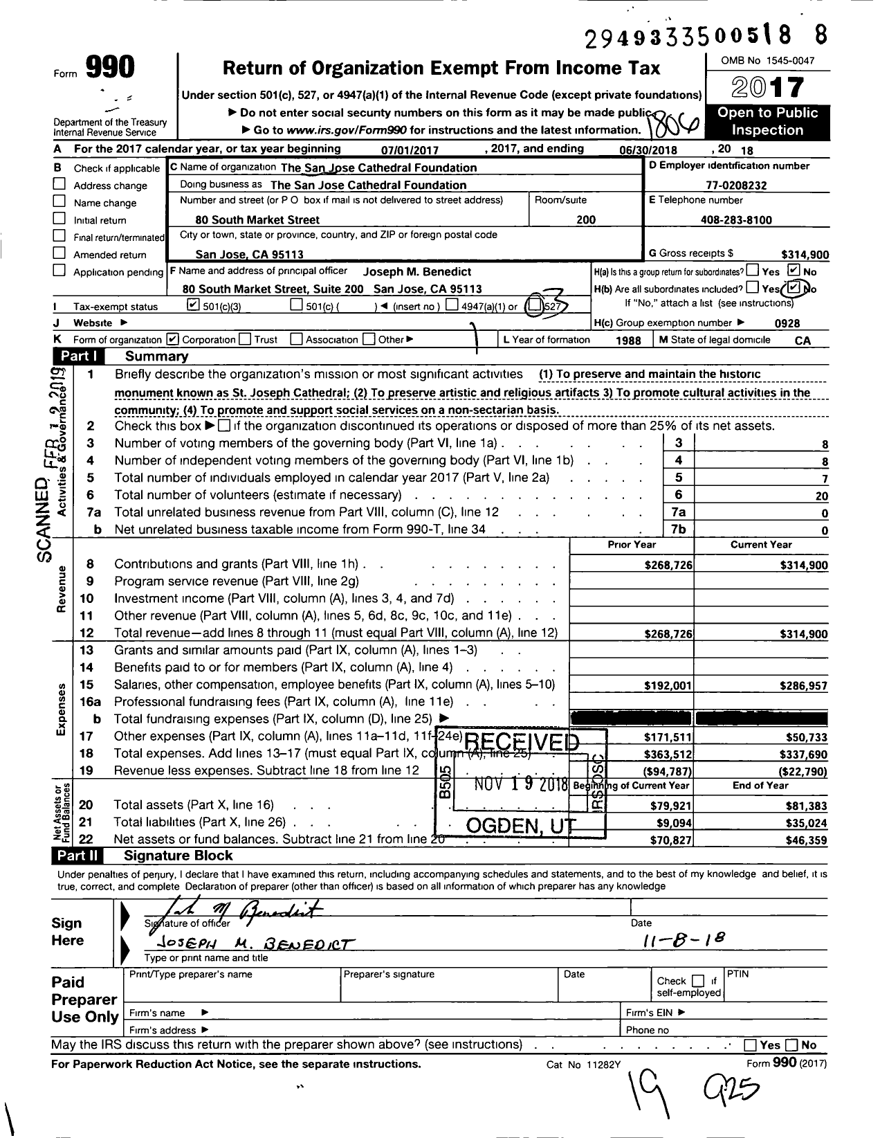 Image of first page of 2017 Form 990 for San Jose Cathedral Foundation