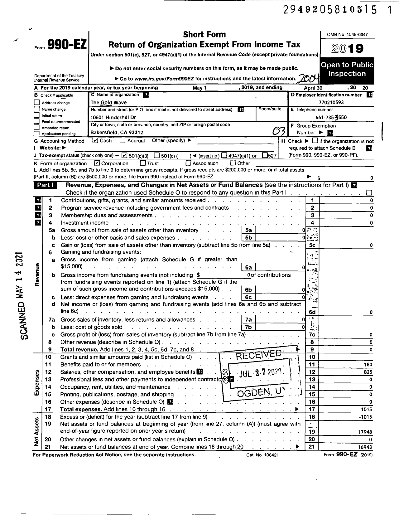 Image of first page of 2019 Form 990EZ for Gold Wave