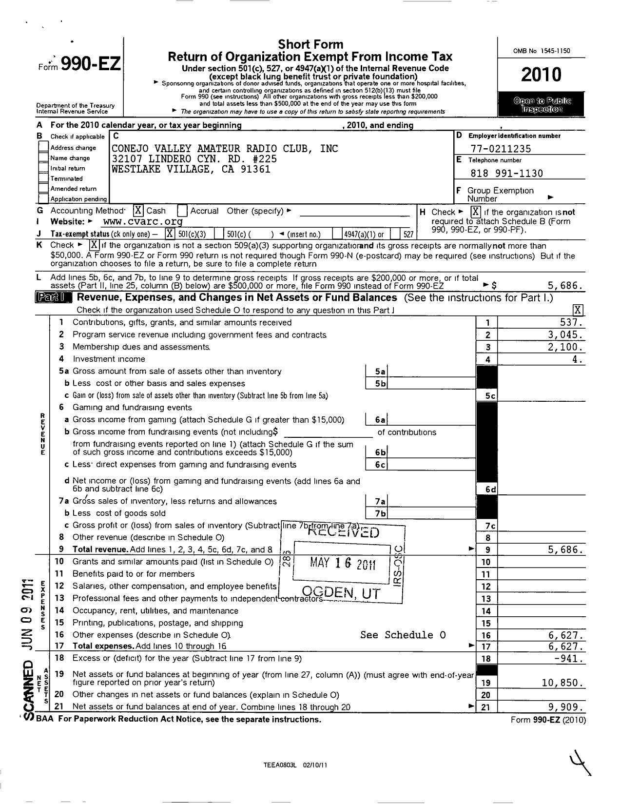 Image of first page of 2010 Form 990EZ for Conejo Valley Amateur Radio Club