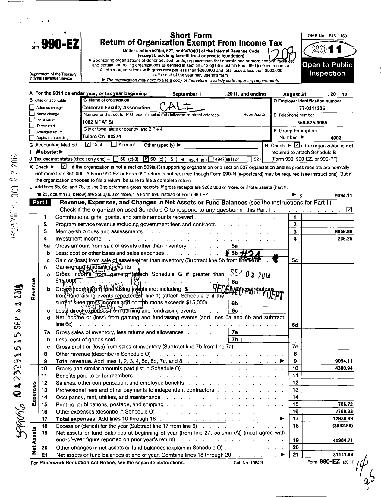 Image of first page of 2011 Form 990EO for California Teachers Association - Corcoran Faculty Association