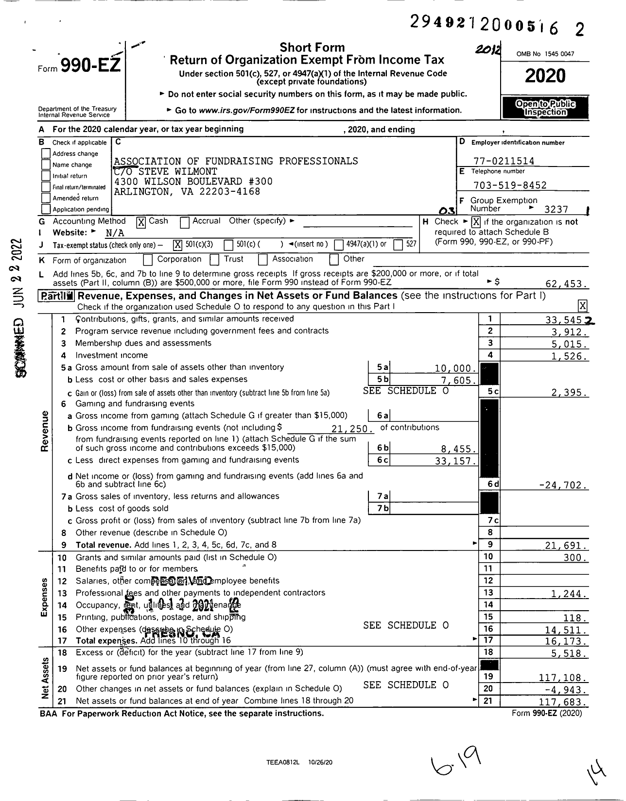 Image of first page of 2020 Form 990EZ for Association of Fundraising Professionals - Ca Santa Barbara-Ventura Coun Chapt